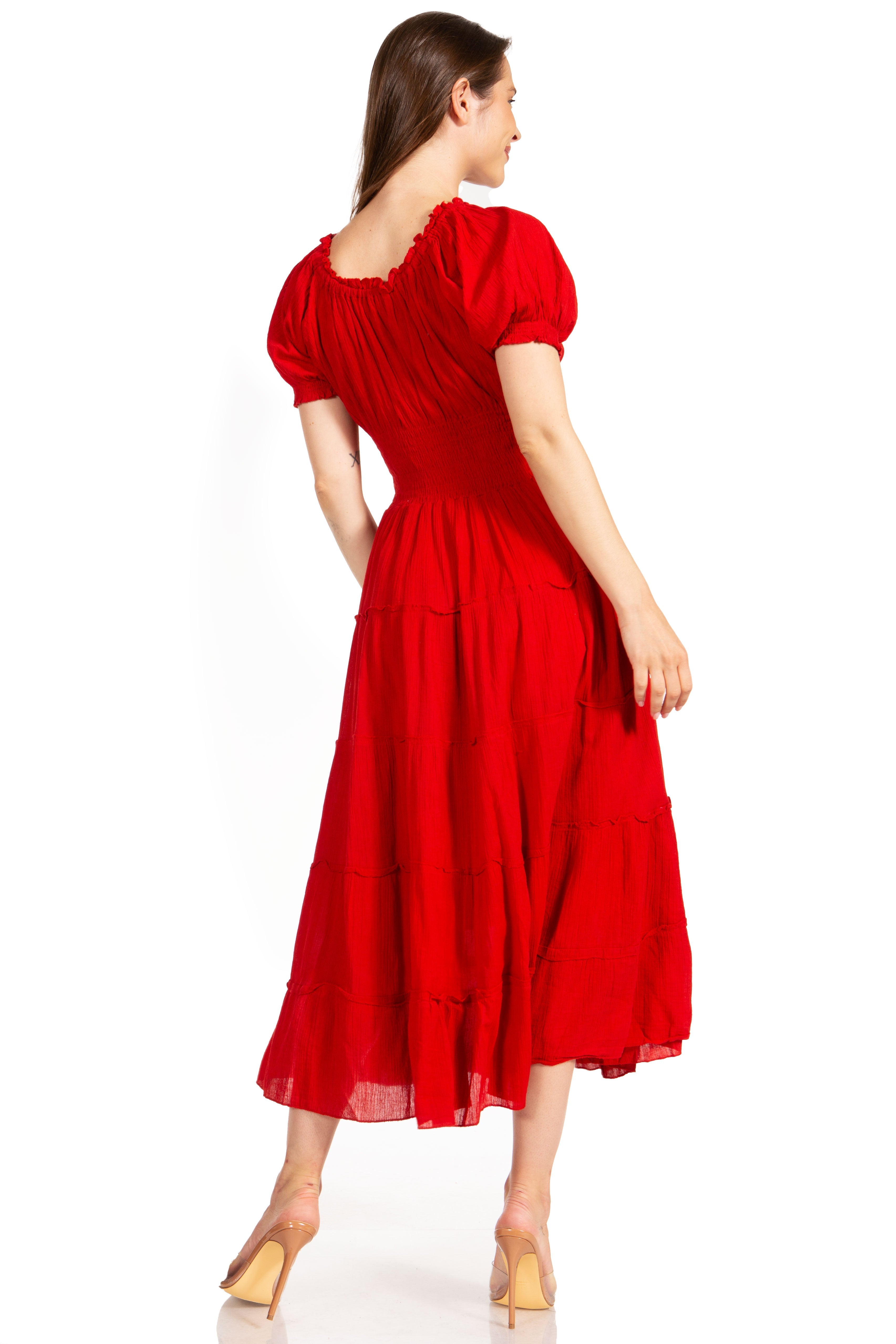 Sakkas - Cotton Crepe Smocked Peasant Gypsy Boho Renaissance Mid Length Dress