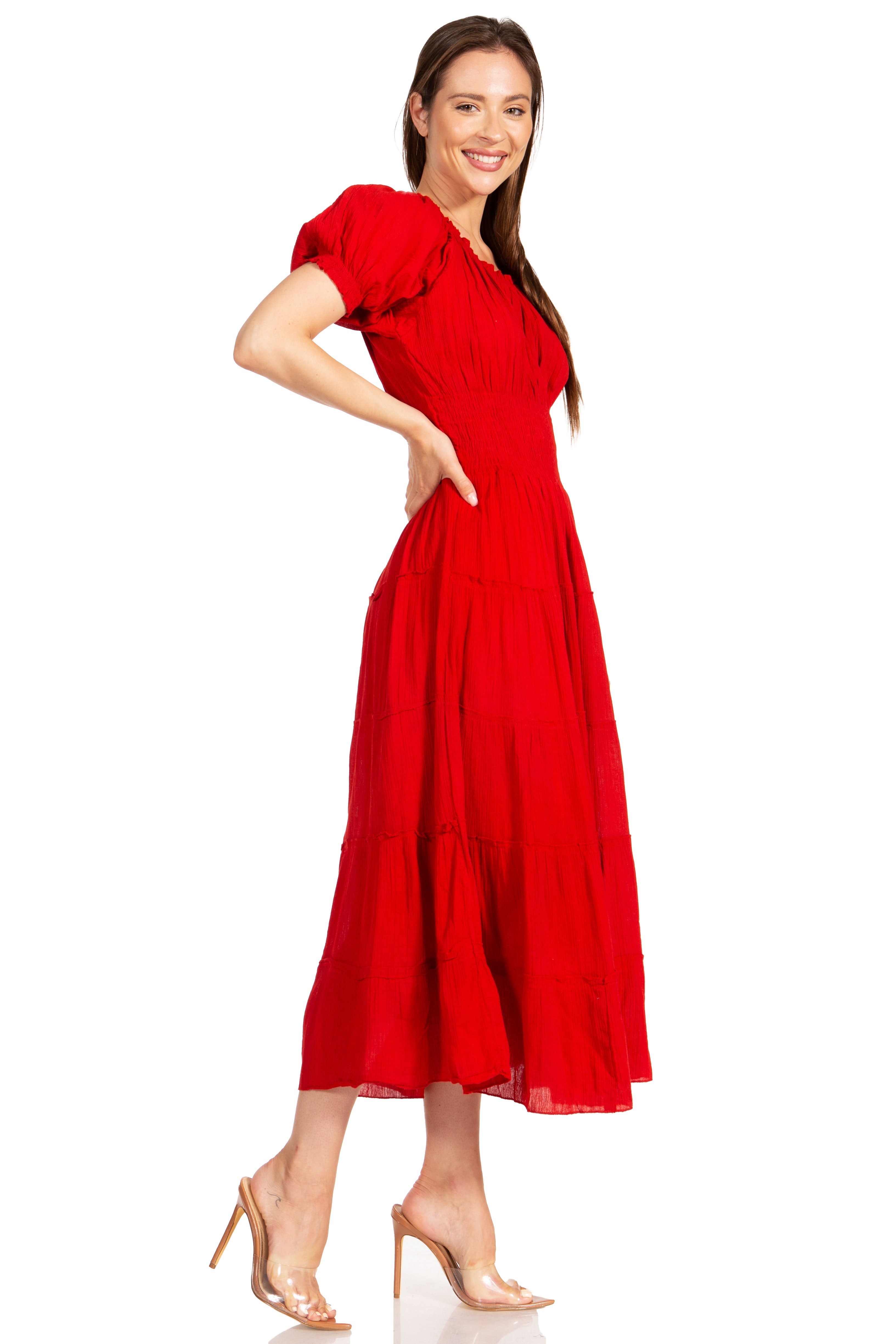Sakkas - Cotton Crepe Smocked Peasant Gypsy Boho Renaissance Mid Length Dress