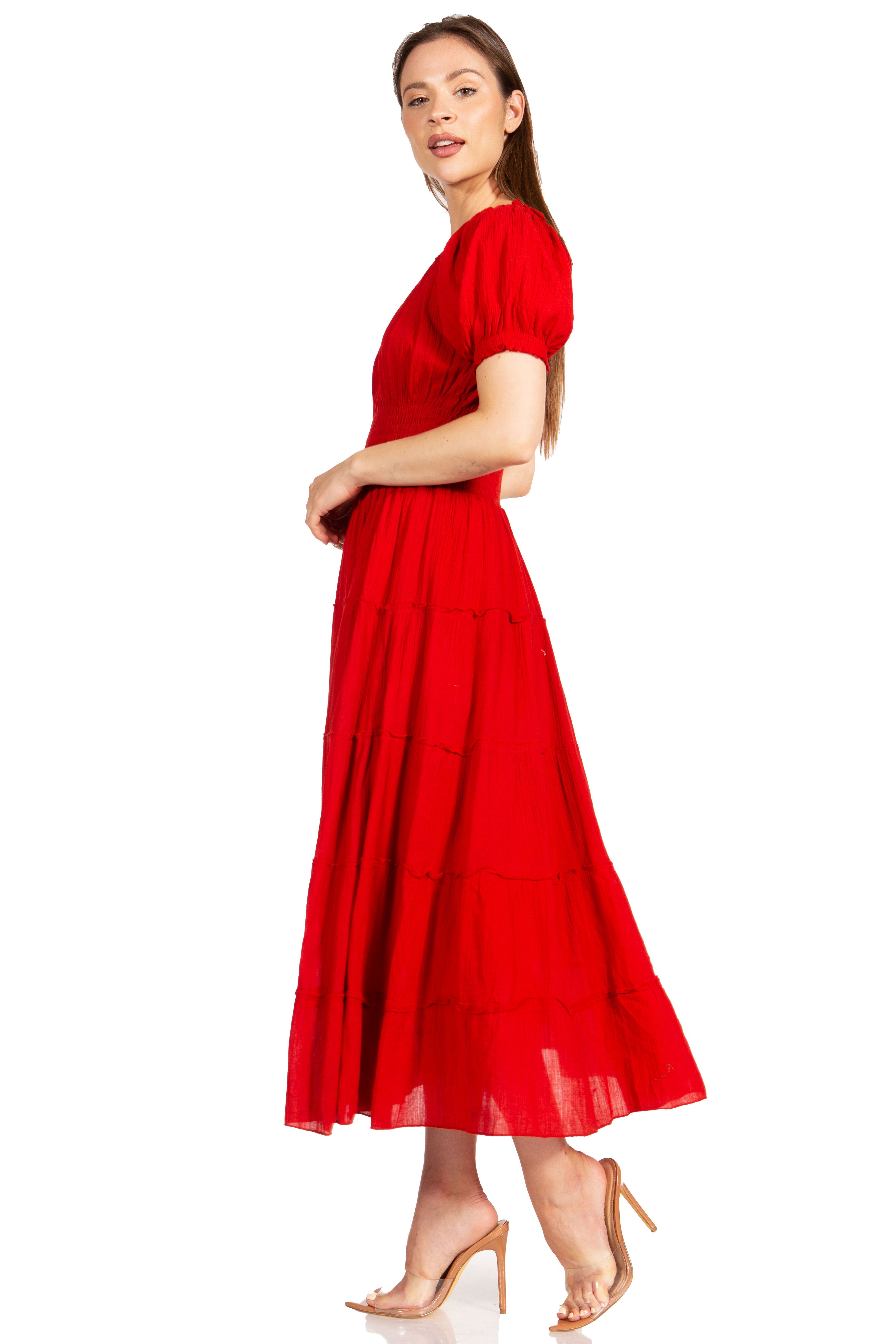 Sakkas - Cotton Crepe Smocked Peasant Gypsy Boho Renaissance Mid Length Dress