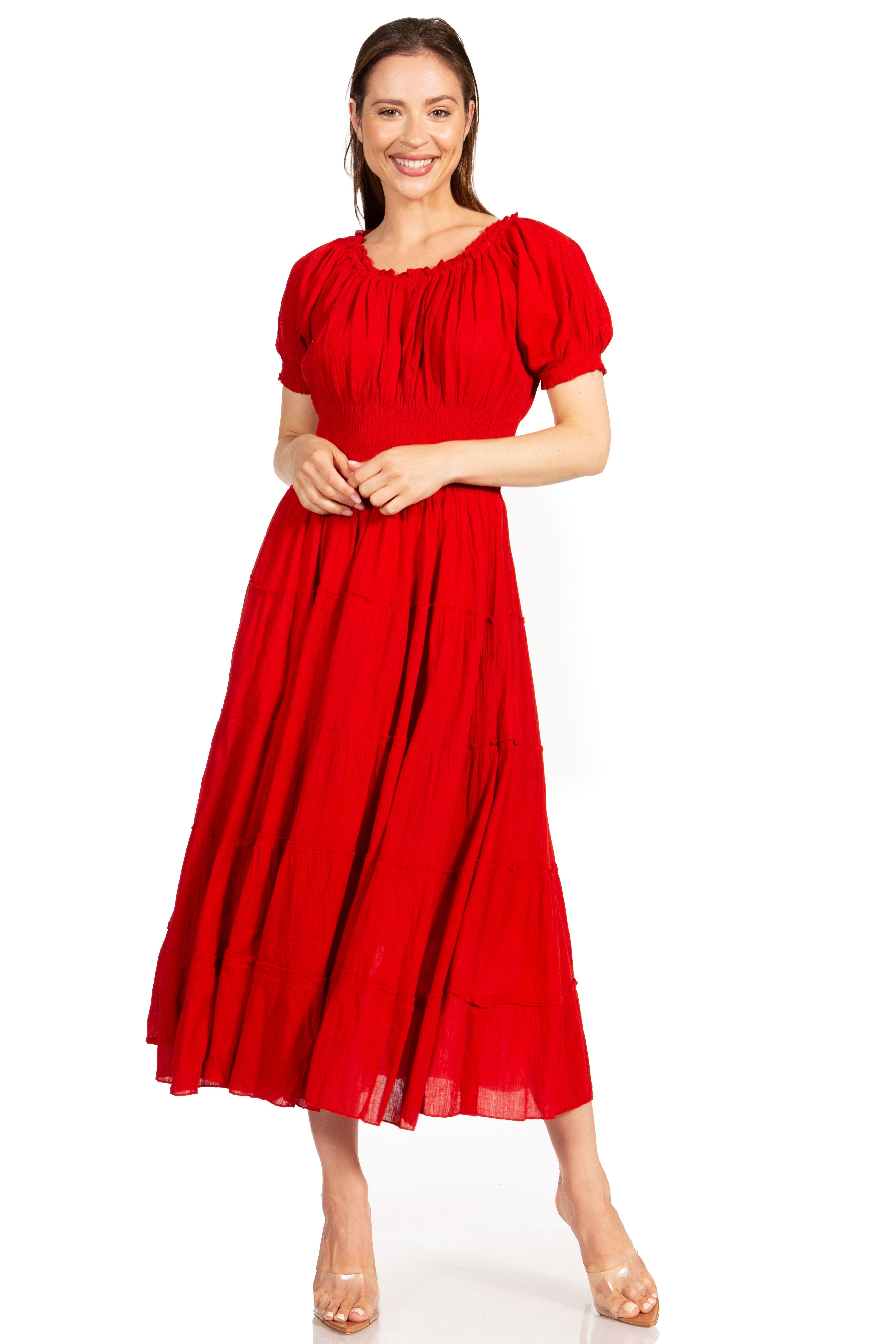 Sakkas - Cotton Crepe Smocked Peasant Gypsy Boho Renaissance Mid Length Dress