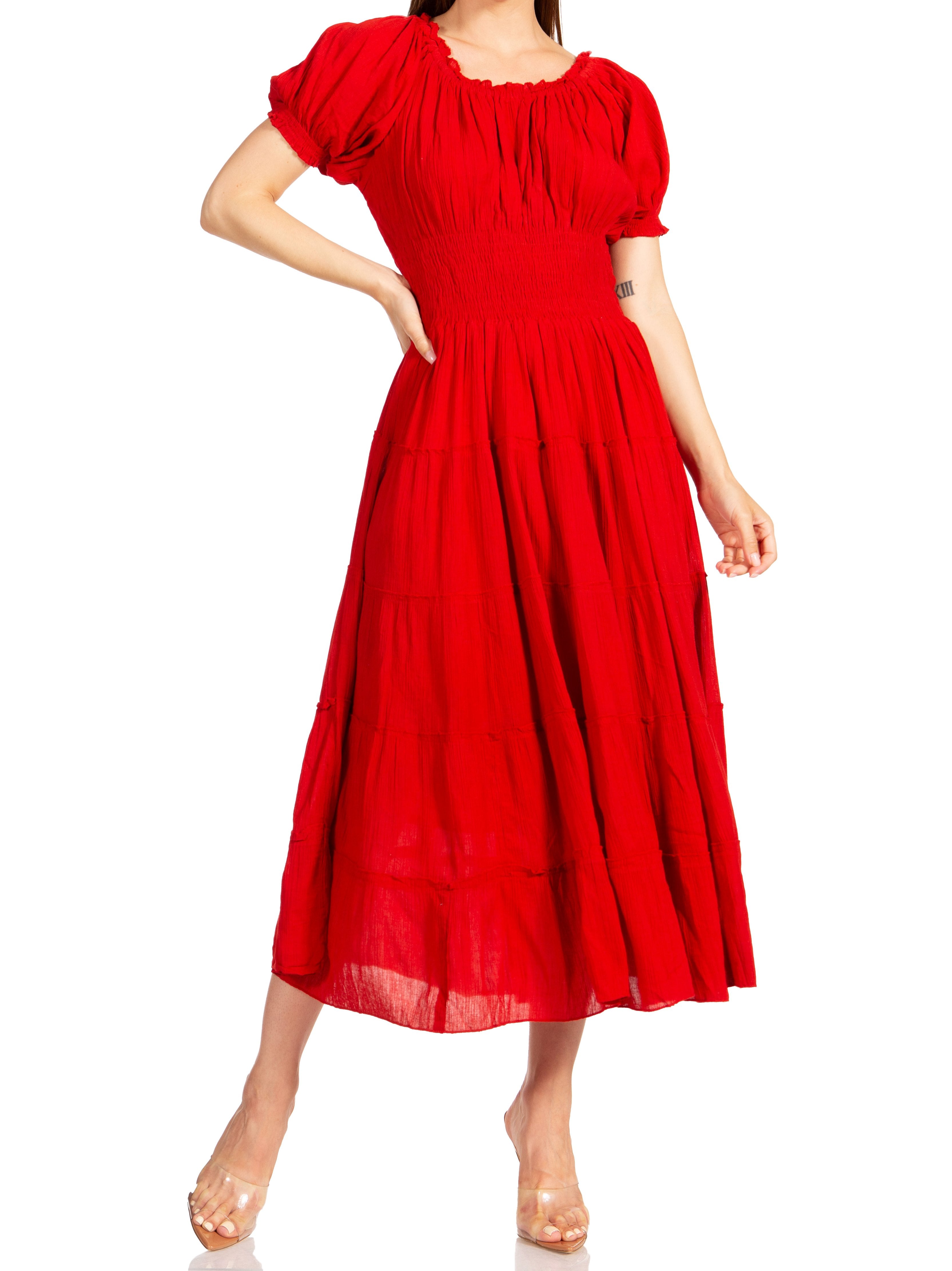 Sakkas - Cotton Crepe Smocked Peasant Gypsy Boho Renaissance Mid Length Dress