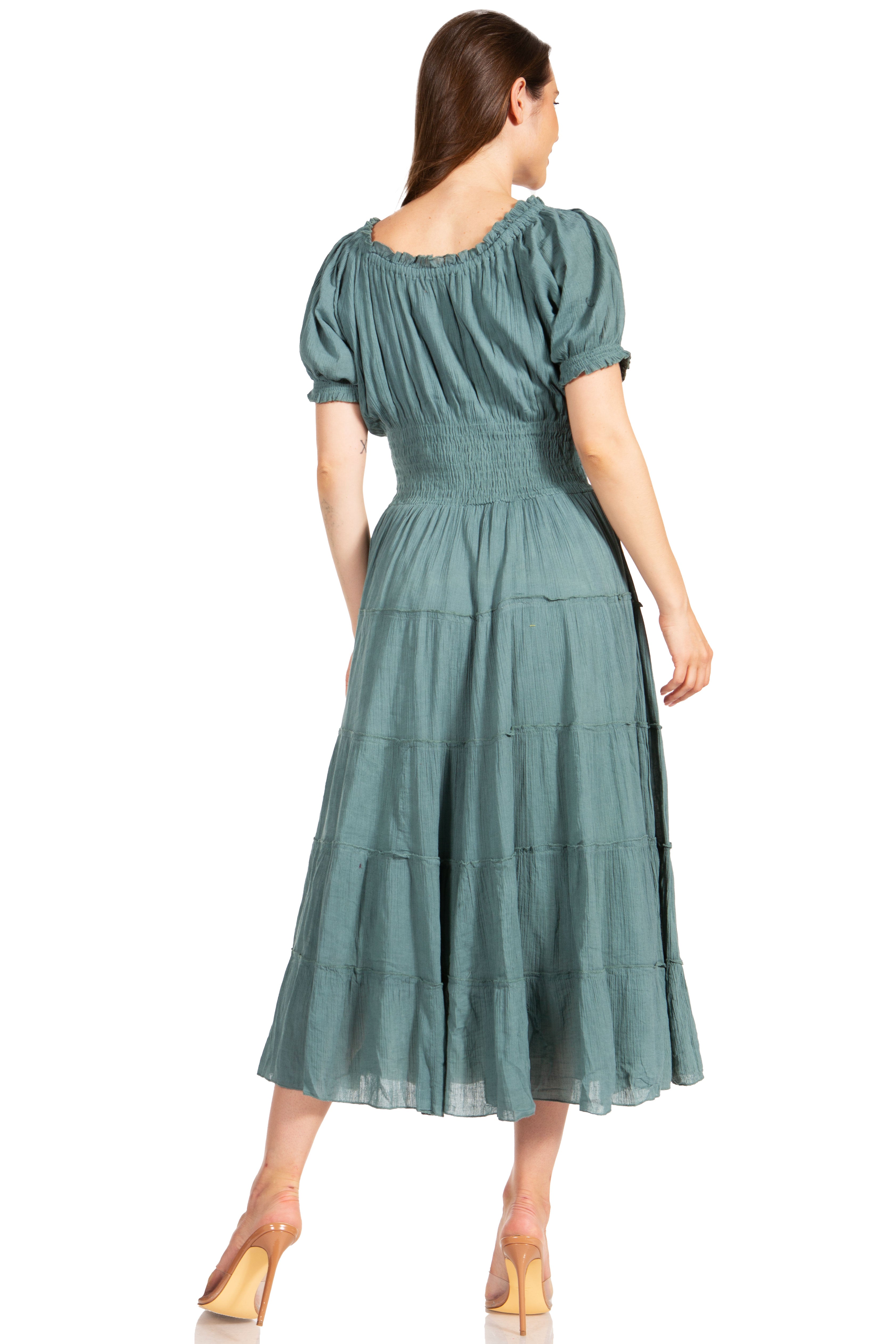 Sakkas - Cotton Crepe Smocked Peasant Gypsy Boho Renaissance Mid Length Dress