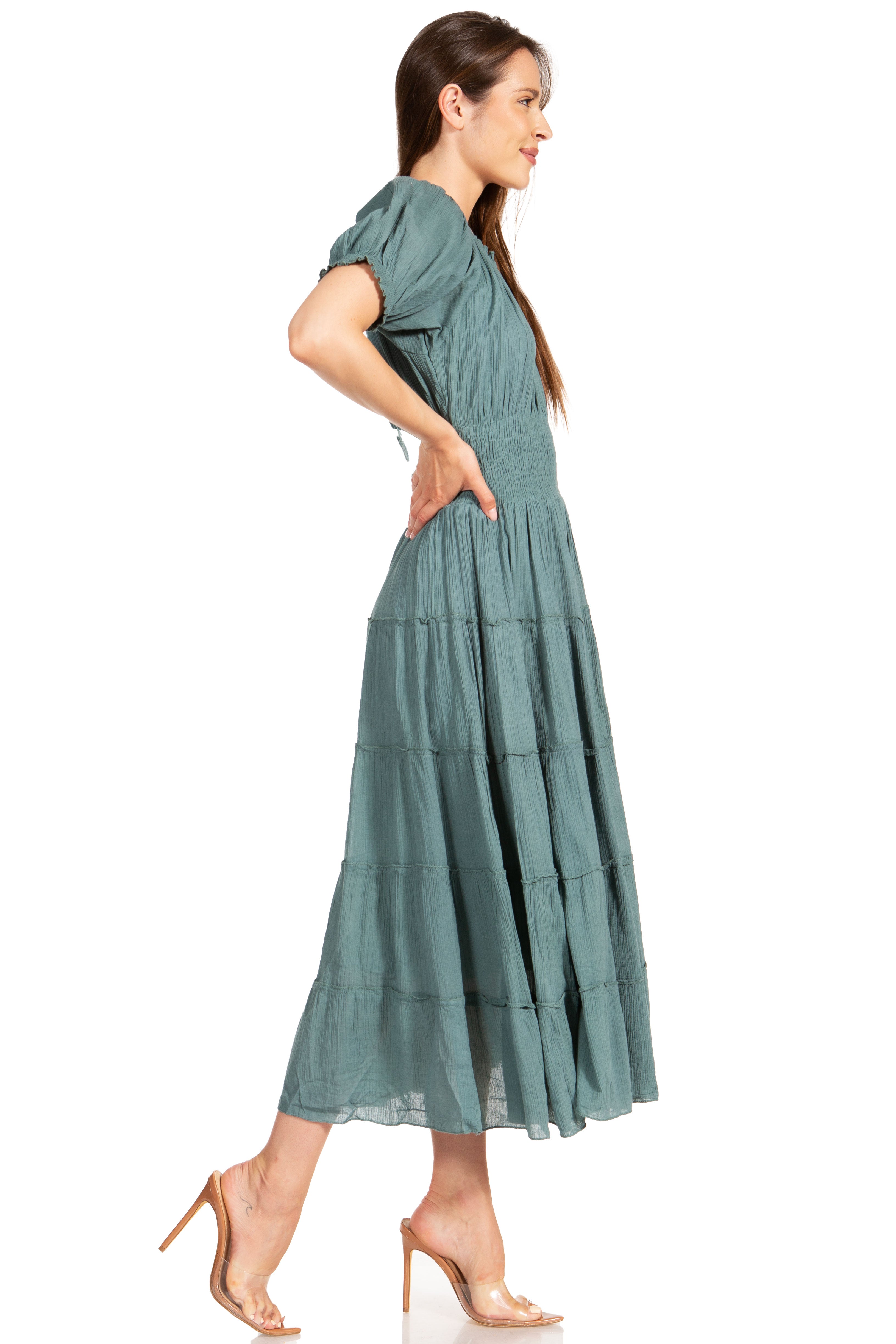 Sakkas - Cotton Crepe Smocked Peasant Gypsy Boho Renaissance Mid Length Dress