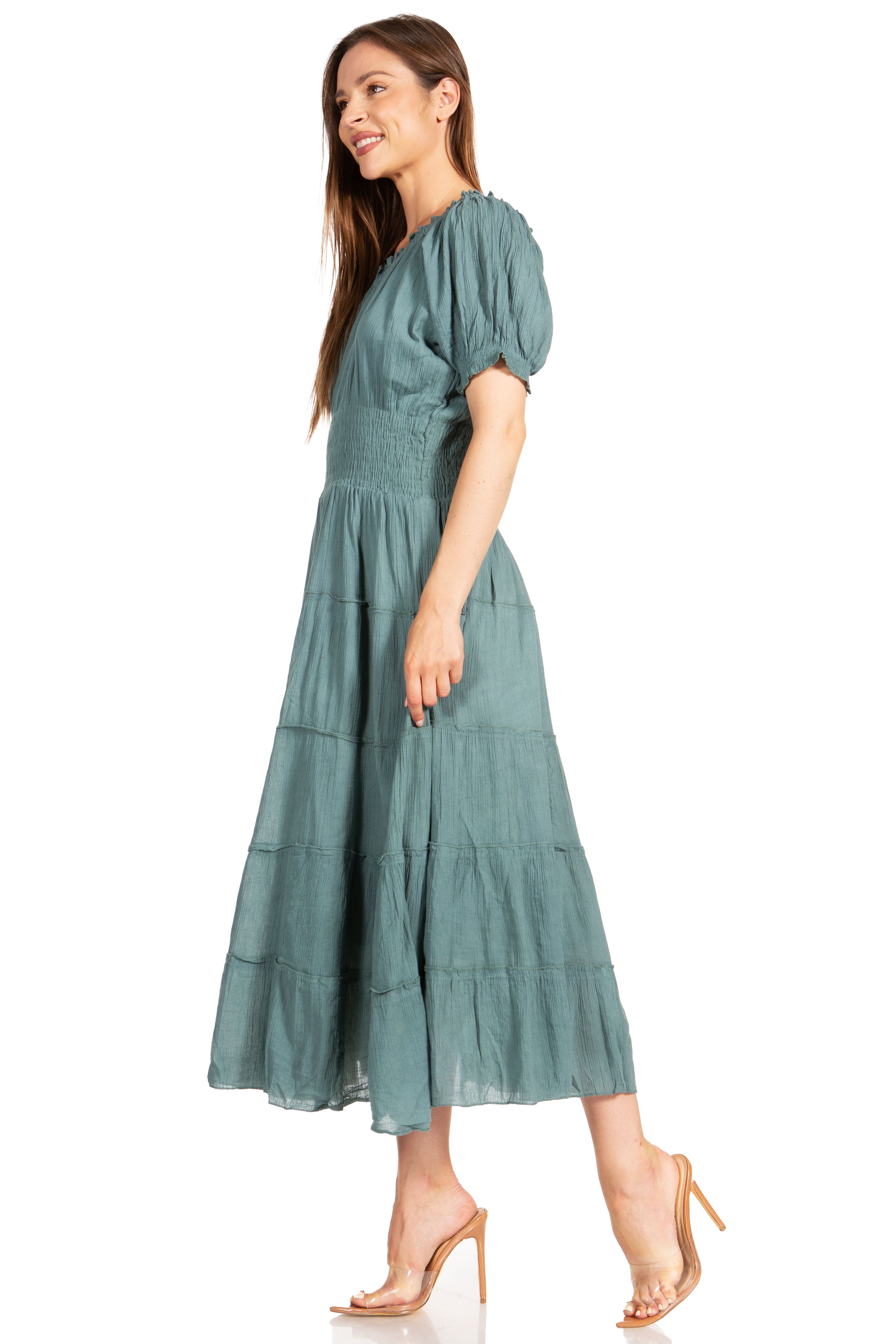 Sakkas - Cotton Crepe Smocked Peasant Gypsy Boho Renaissance Mid Length Dress
