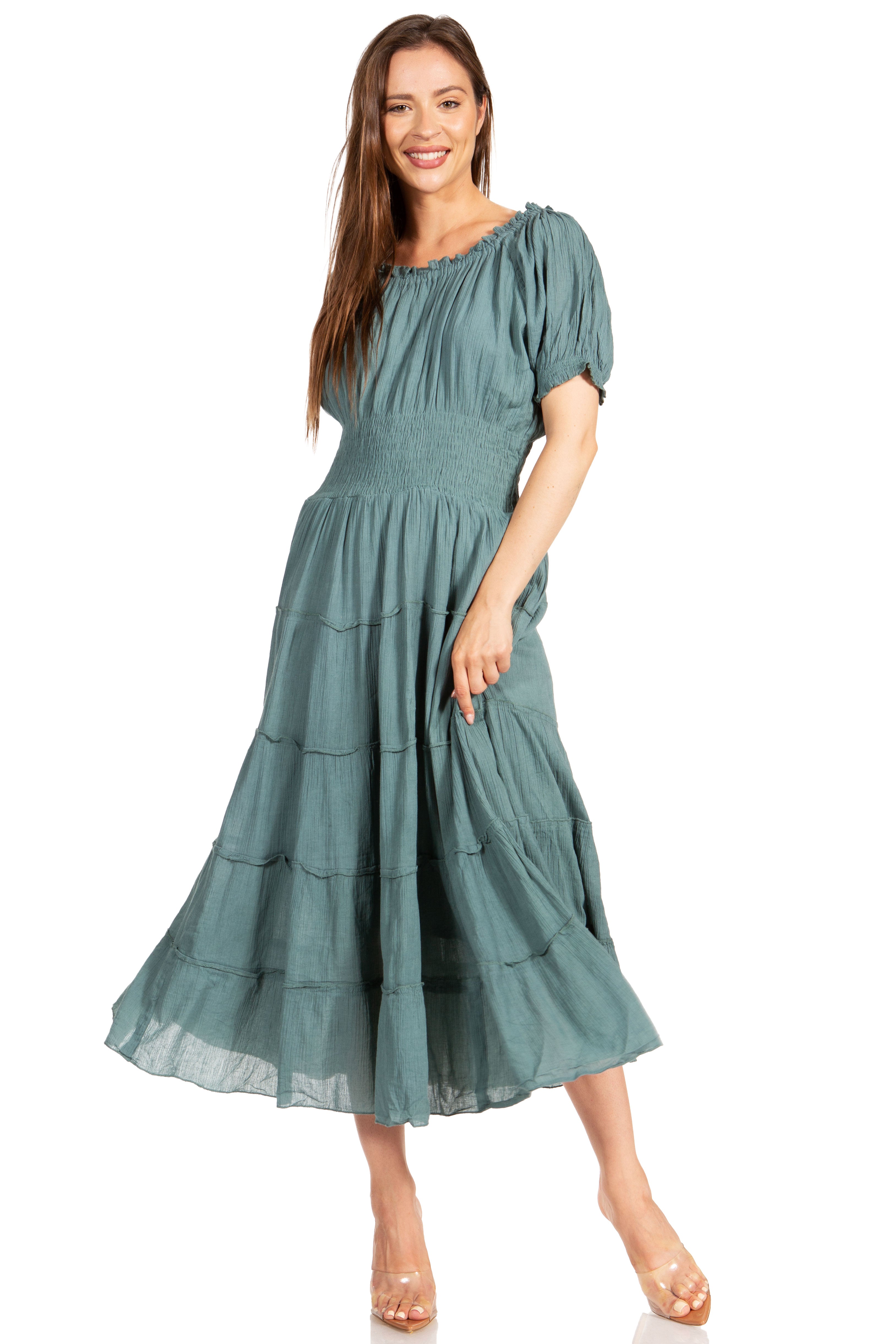 Sakkas - Cotton Crepe Smocked Peasant Gypsy Boho Renaissance Mid Length Dress