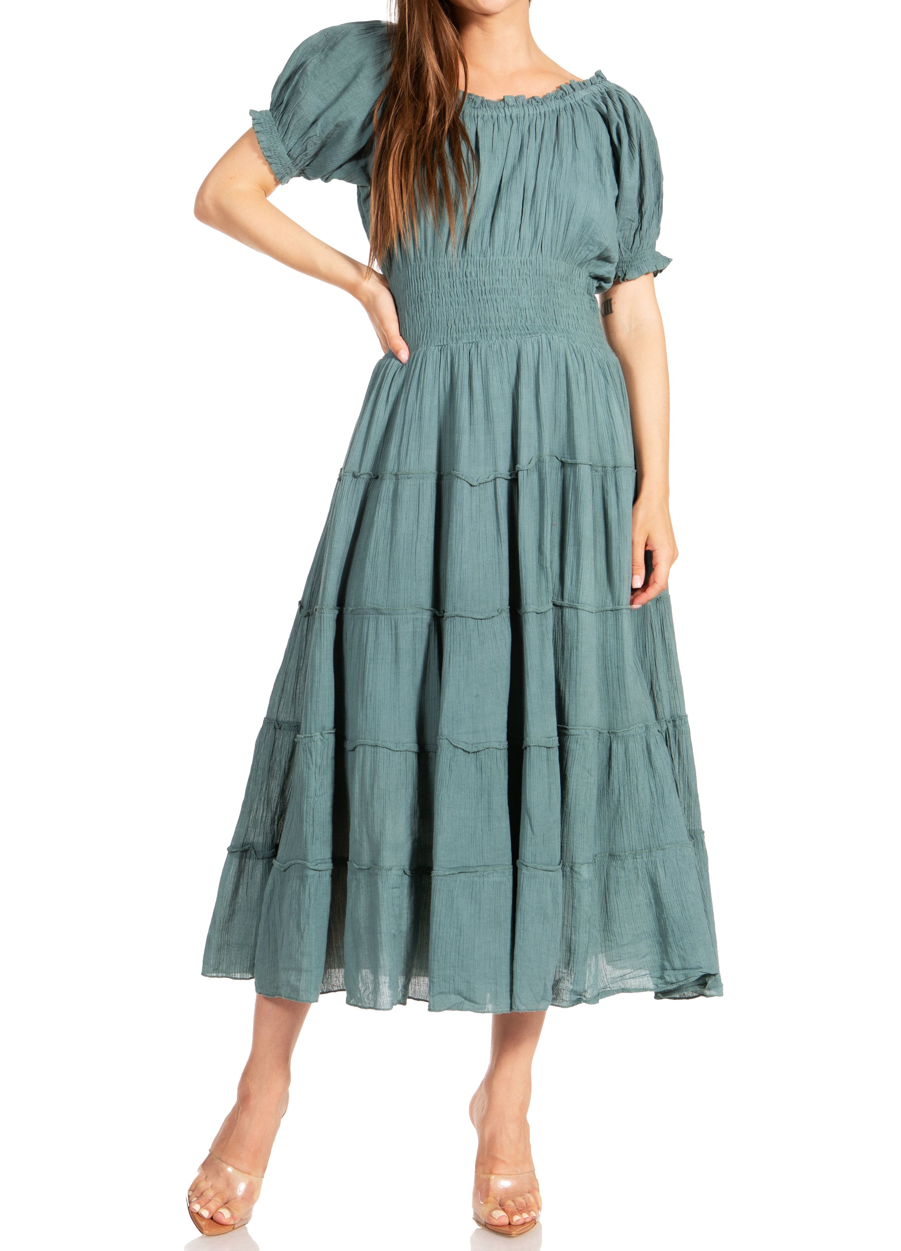 Sakkas - Cotton Crepe Smocked Peasant Gypsy Boho Renaissance Mid Length Dress