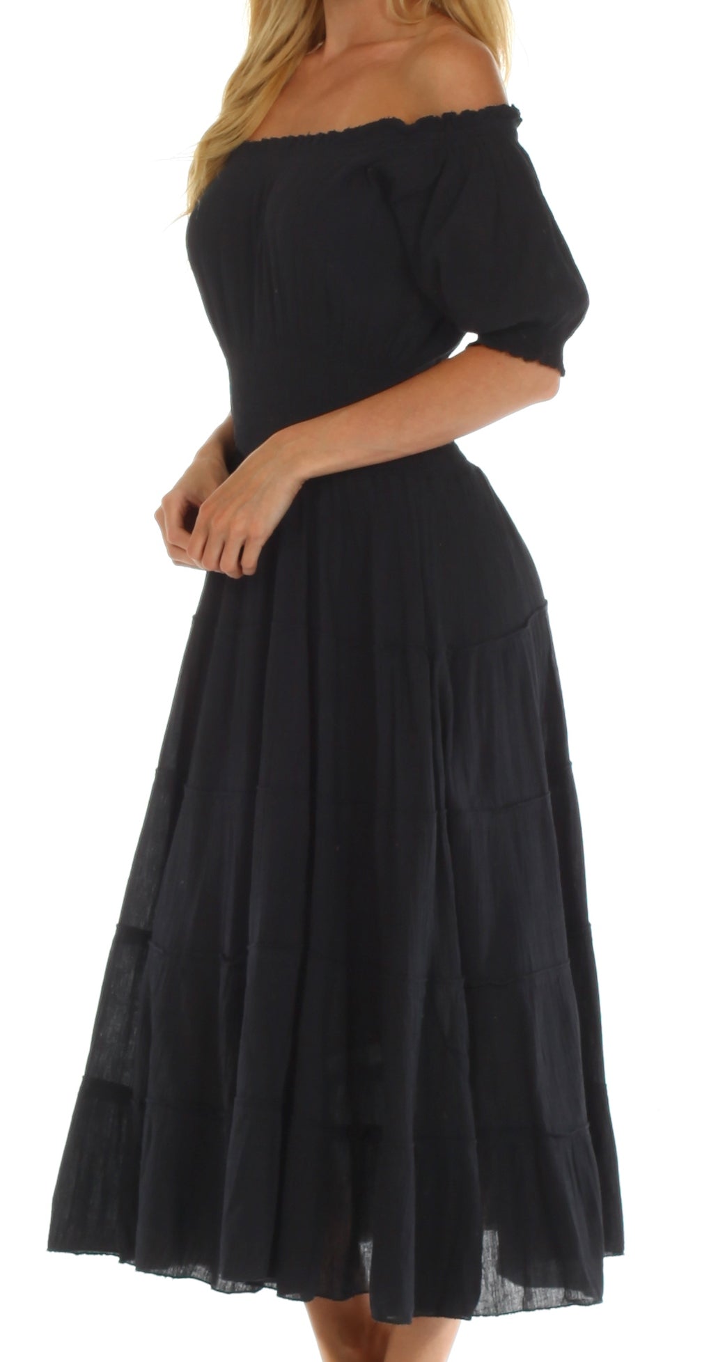 Sakkas - Cotton Crepe Smocked Peasant Gypsy Boho Renaissance Mid Length Dress
