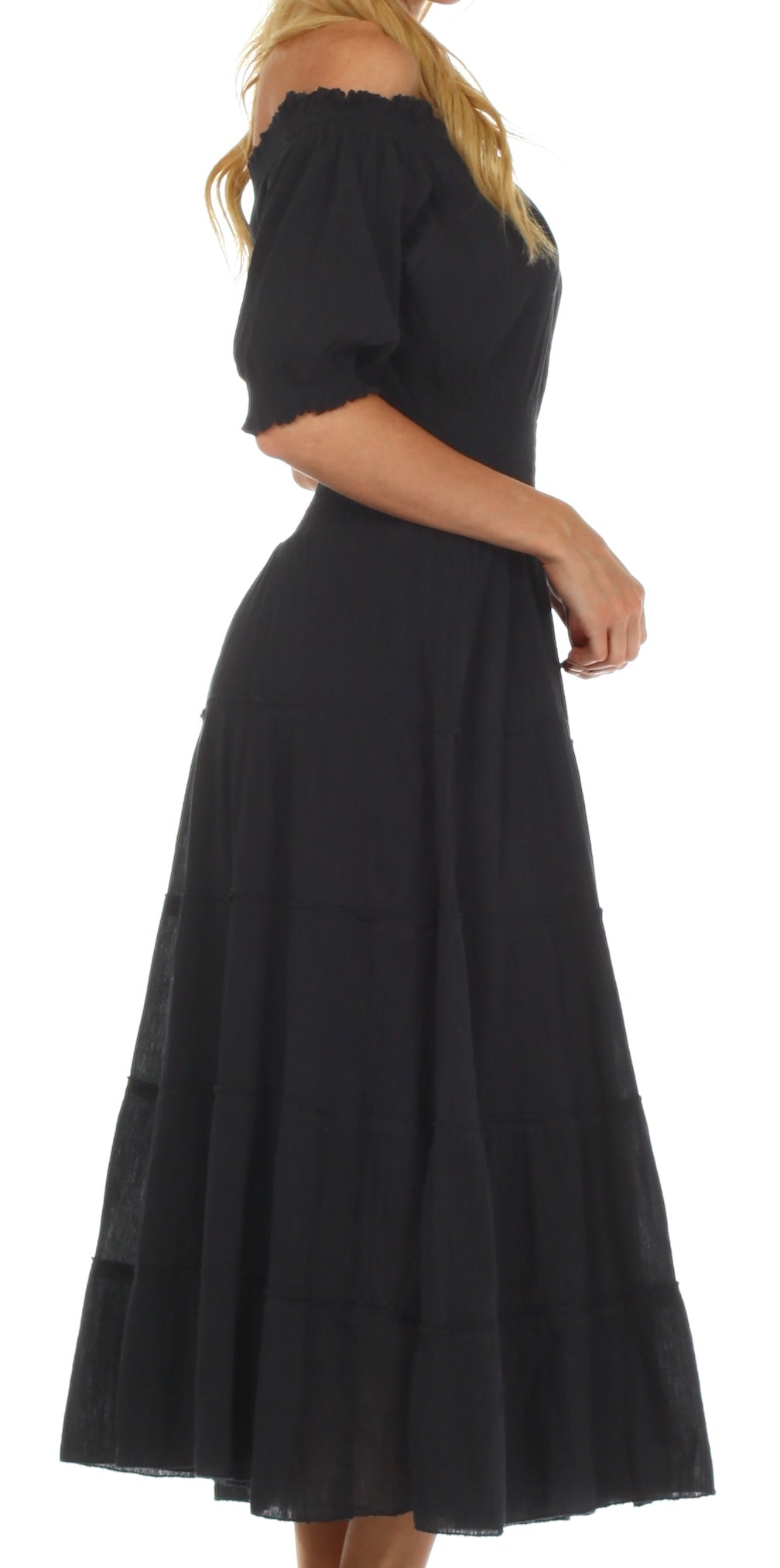 Sakkas - Cotton Crepe Smocked Peasant Gypsy Boho Renaissance Mid Length Dress