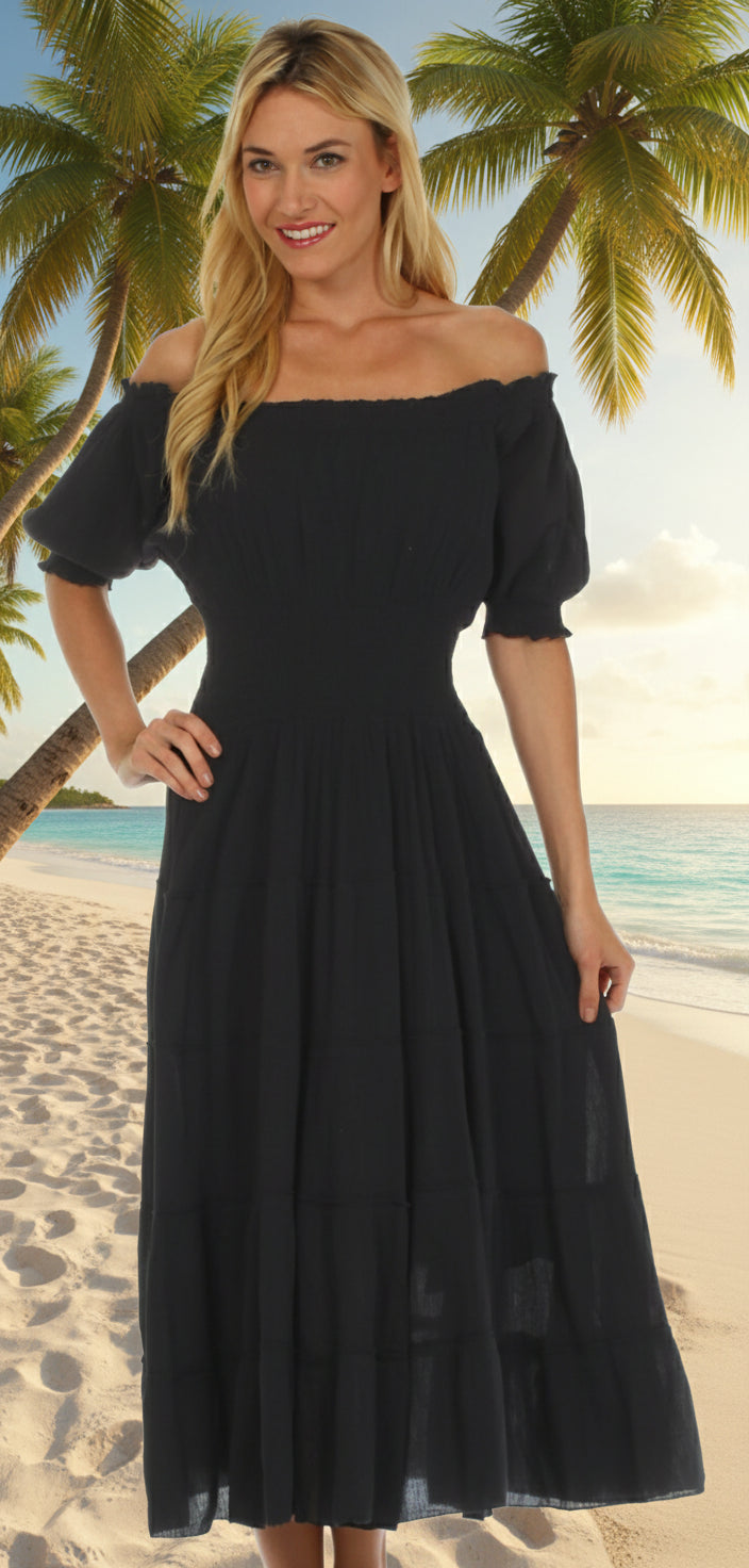 Woman wearing a black off-shoulder dress on a white background