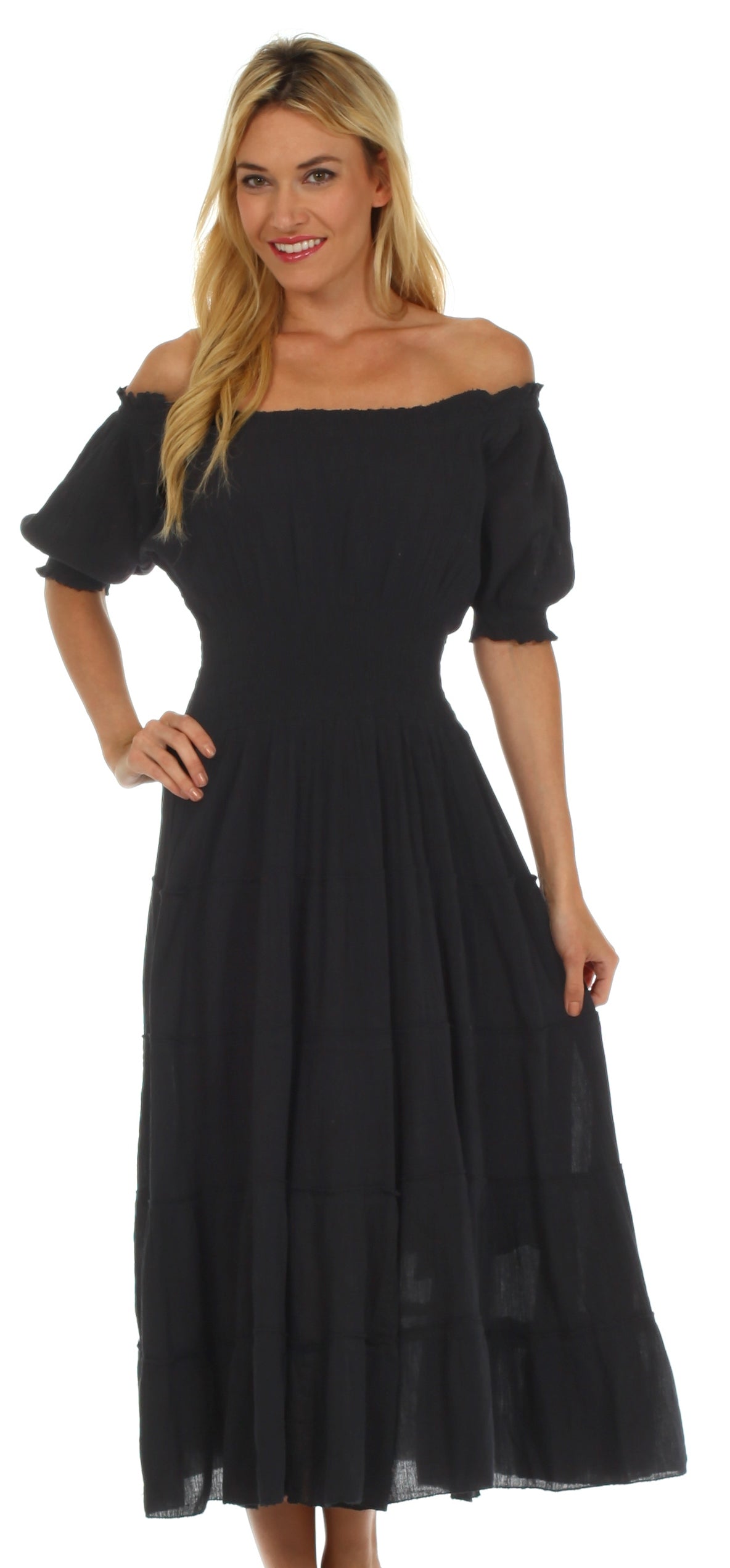 Sakkas - Cotton Crepe Smocked Peasant Gypsy Boho Renaissance Mid Length Dress