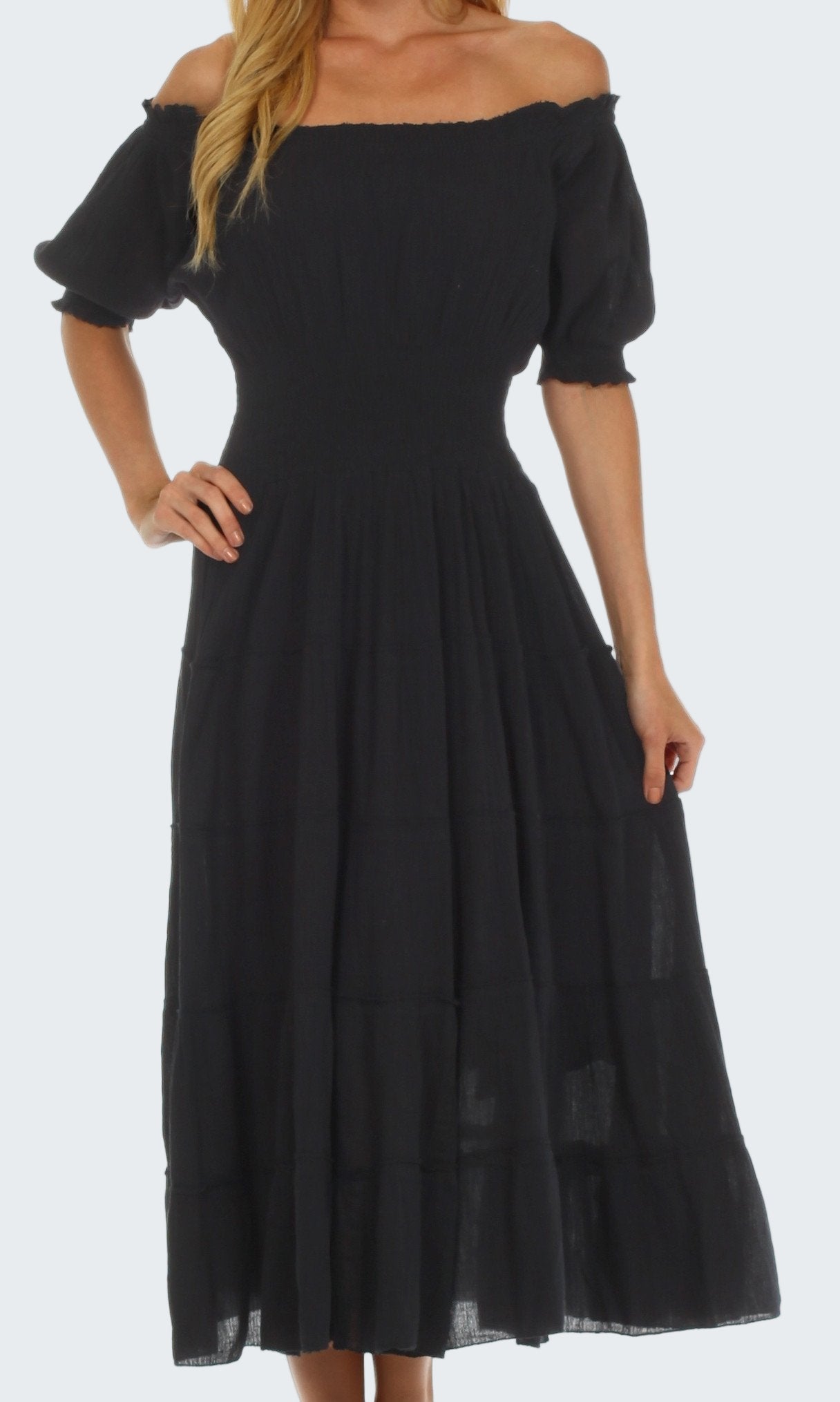 Black off-shoulder dress on a white background