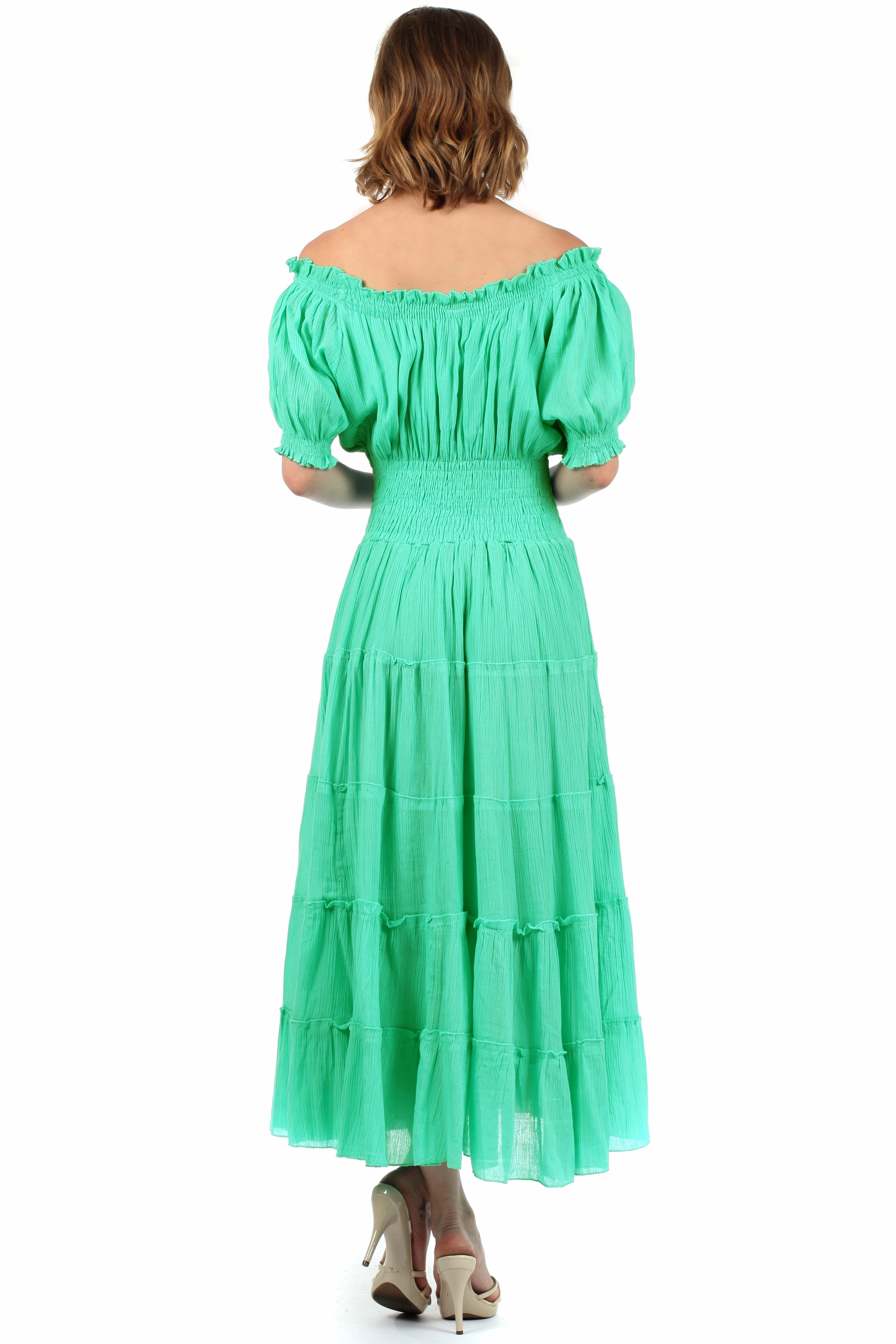 Sakkas - Cotton Crepe Smocked Peasant Gypsy Boho Renaissance Mid Length Dress