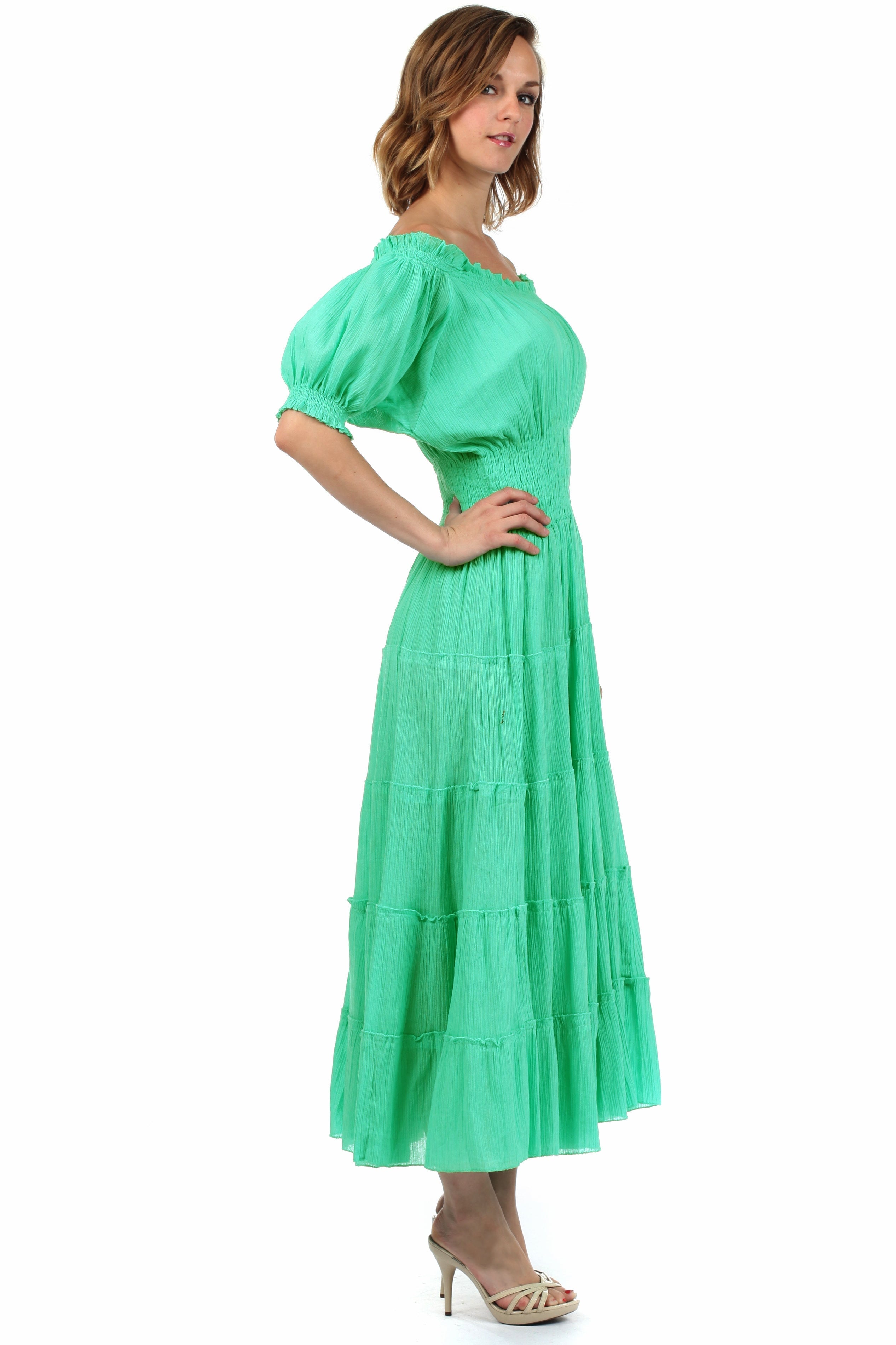 Sakkas - Cotton Crepe Smocked Peasant Gypsy Boho Renaissance Mid Length Dress
