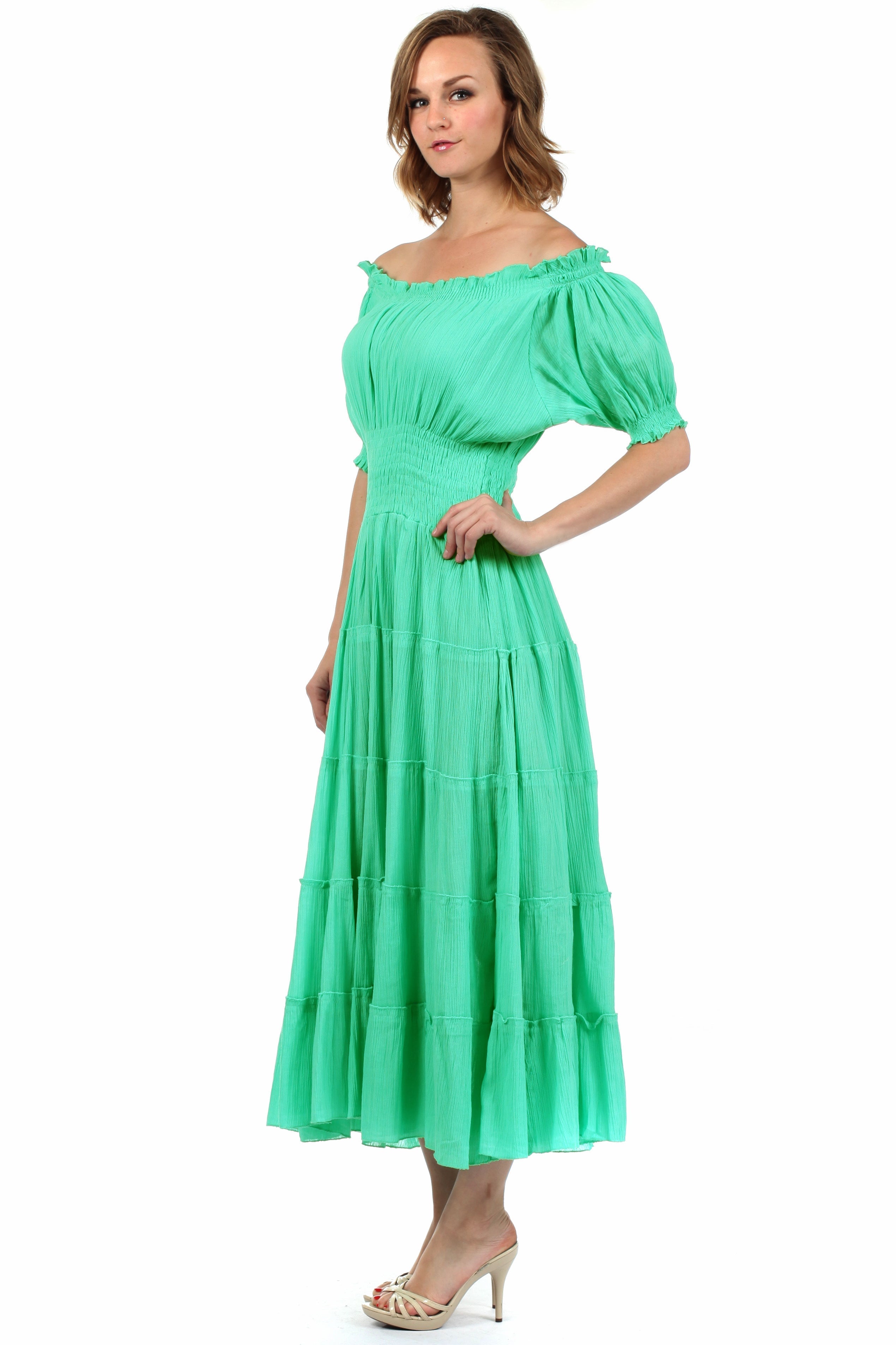 Sakkas - Cotton Crepe Smocked Peasant Gypsy Boho Renaissance Mid Length Dress