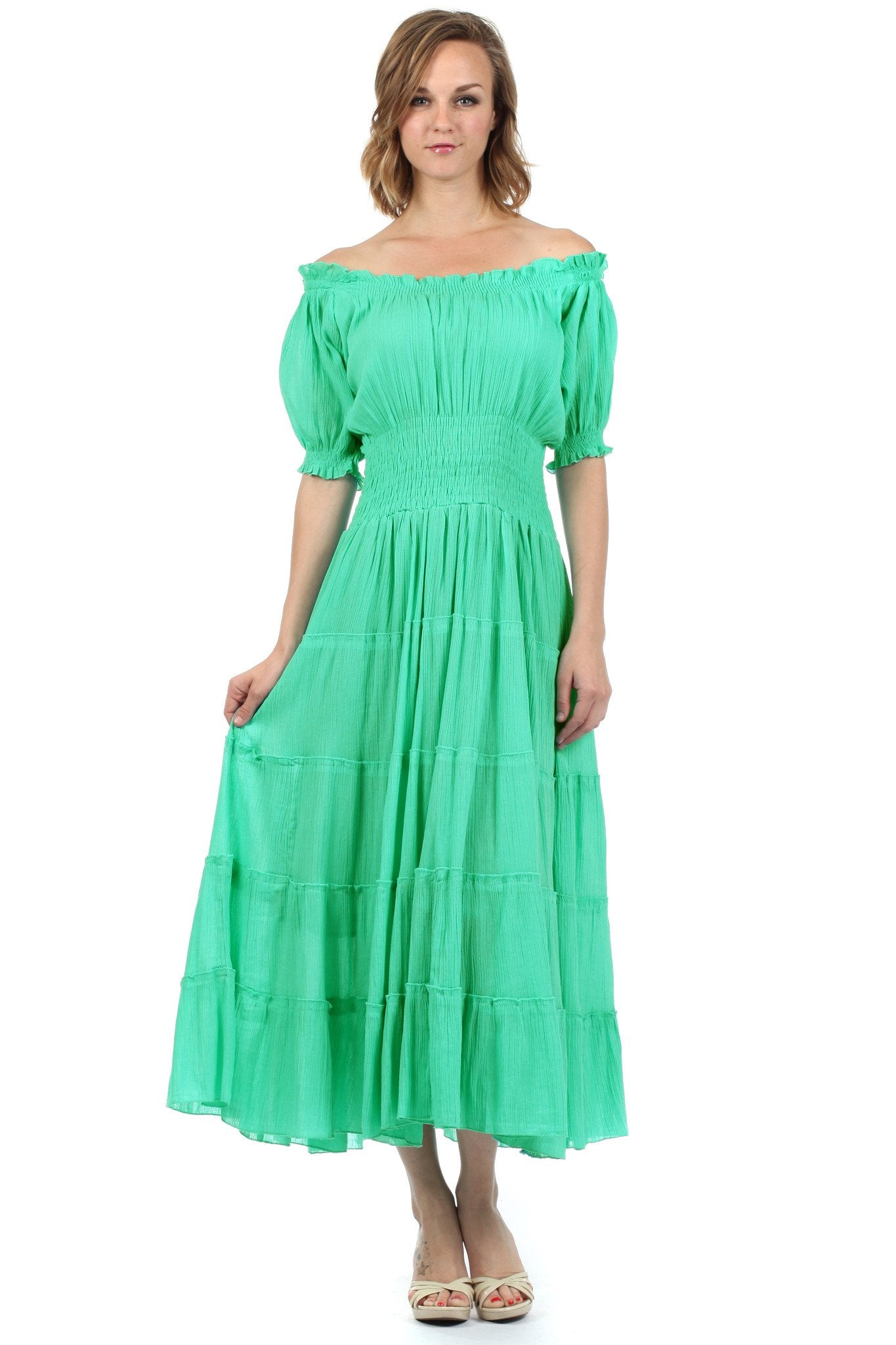 Sakkas - Cotton Crepe Smocked Peasant Gypsy Boho Renaissance Mid Length Dress