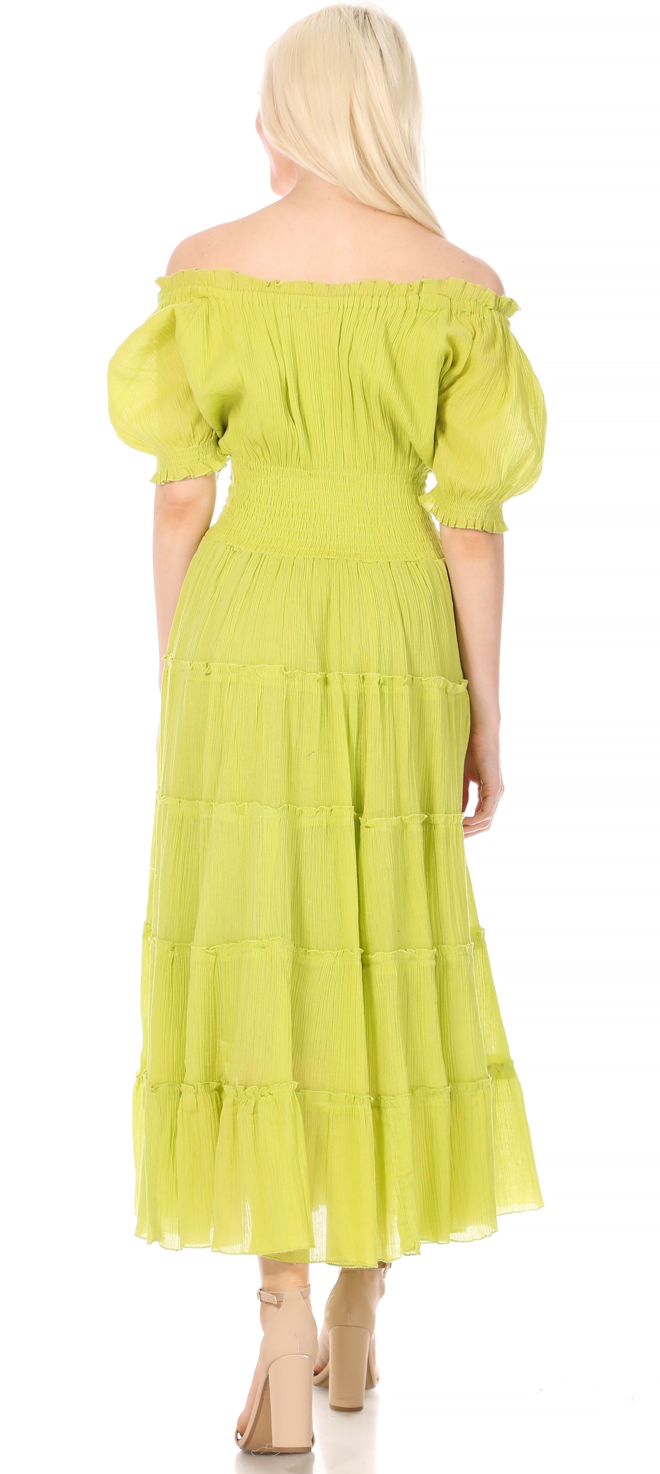 Sakkas - Cotton Crepe Smocked Peasant Gypsy Boho Renaissance Mid Length Dress