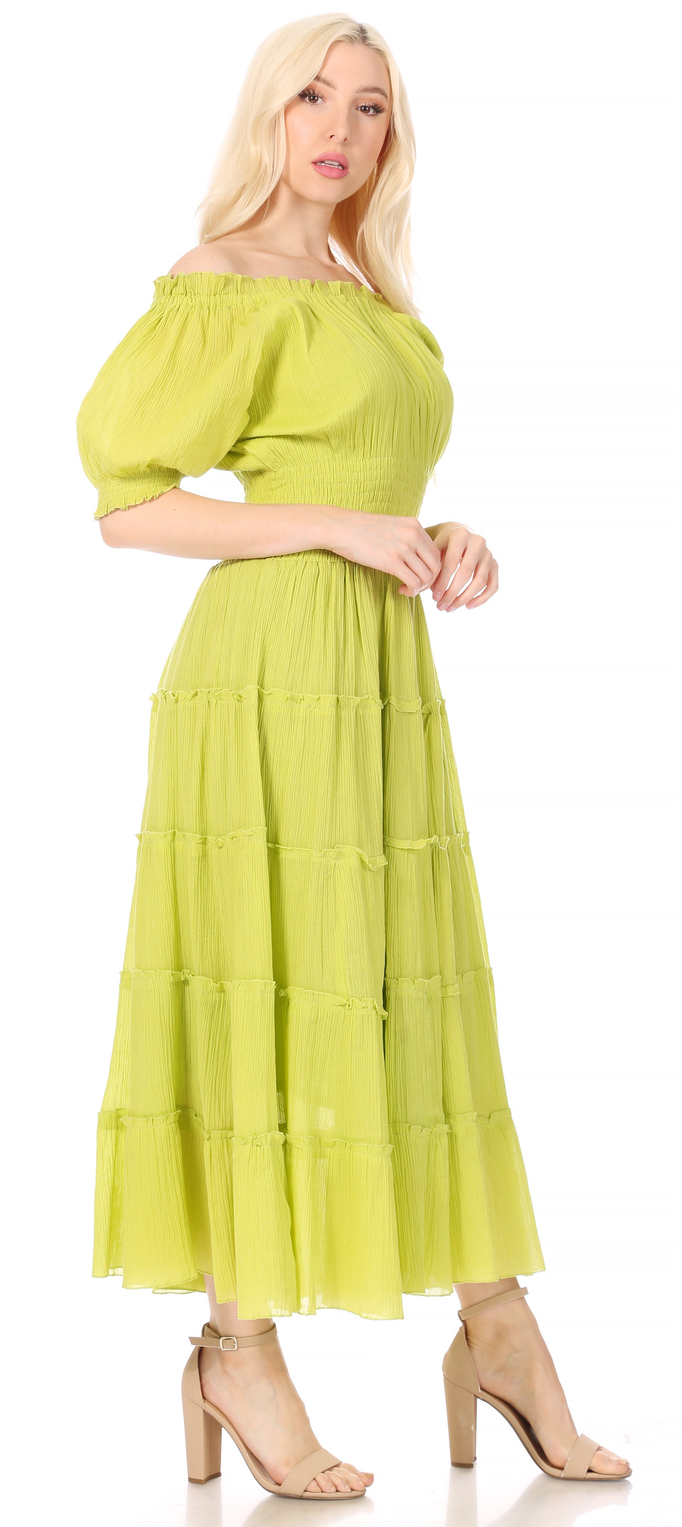 Sakkas - Cotton Crepe Smocked Peasant Gypsy Boho Renaissance Mid Length Dress