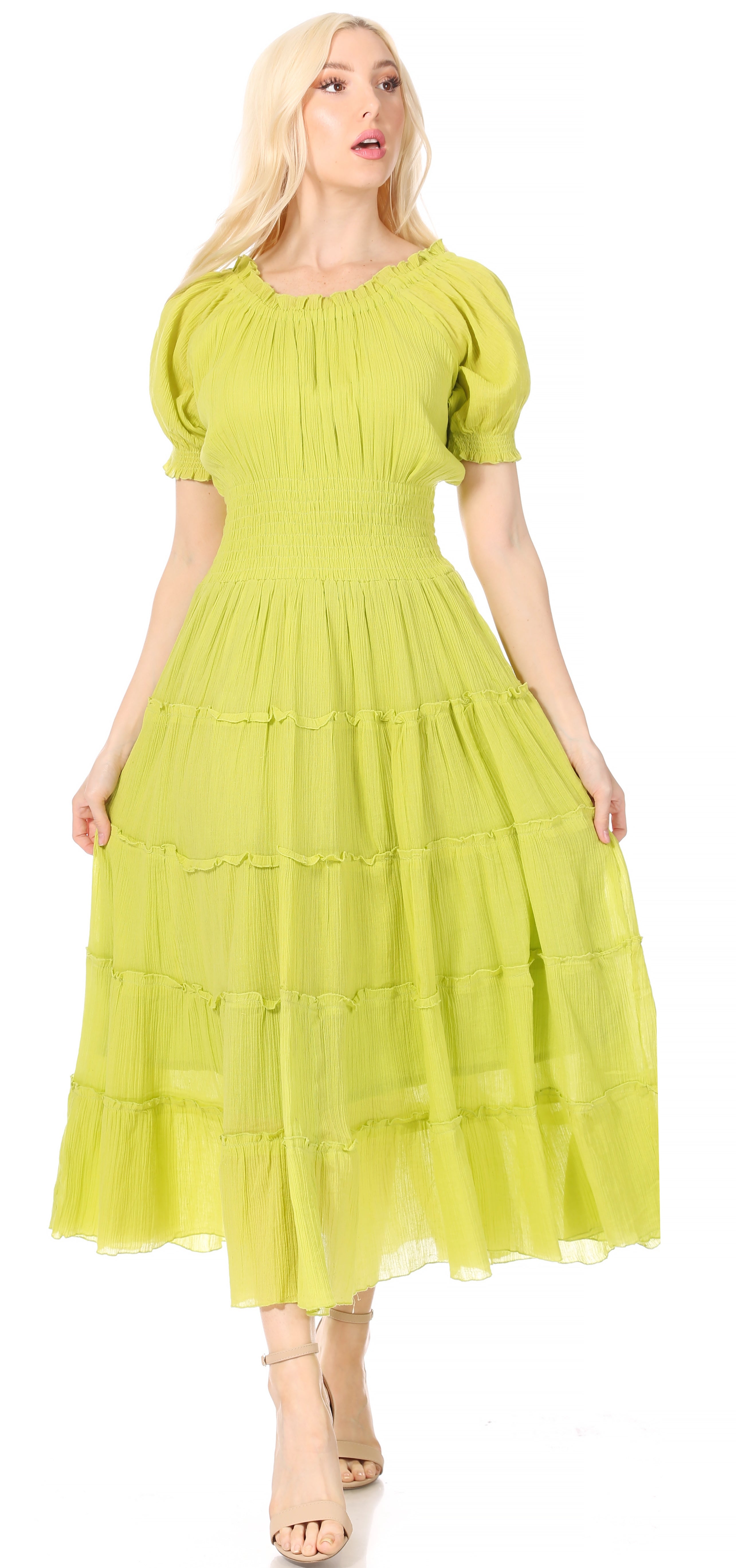 Sakkas - Cotton Crepe Smocked Peasant Gypsy Boho Renaissance Mid Length Dress