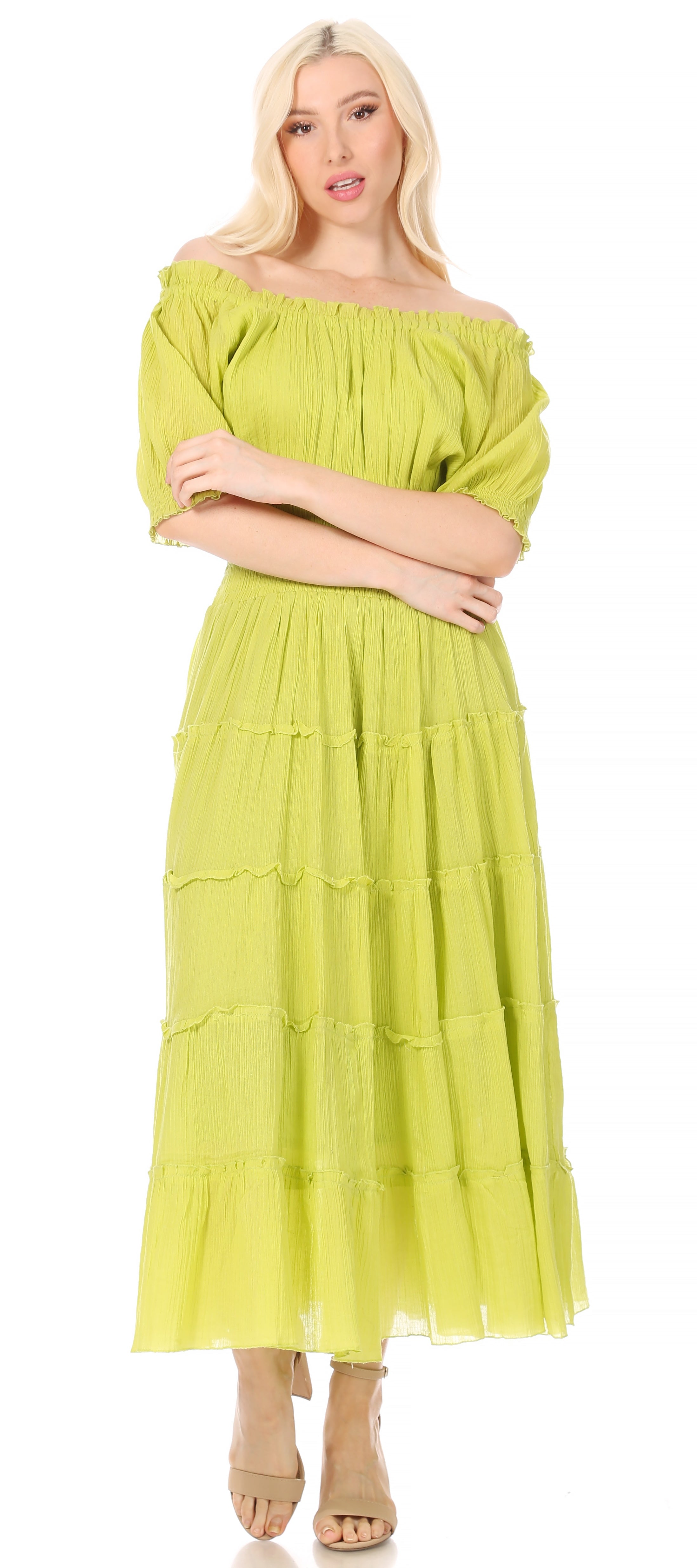 Sakkas - Cotton Crepe Smocked Peasant Gypsy Boho Renaissance Mid Length Dress