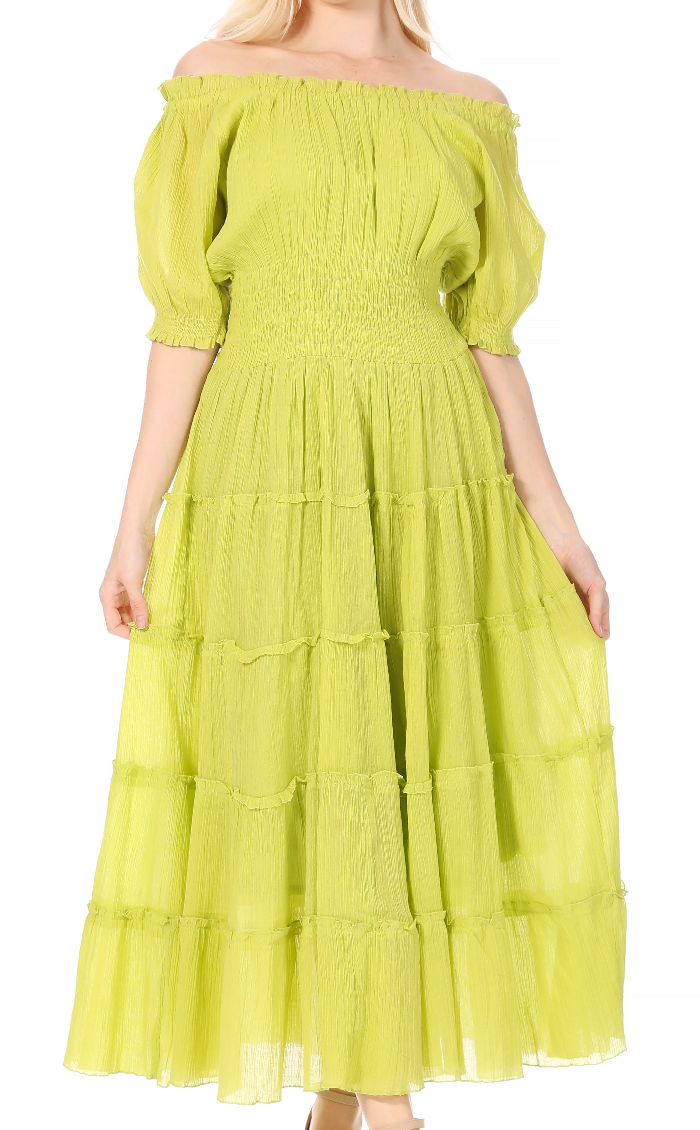 Sakkas - Cotton Crepe Smocked Peasant Gypsy Boho Renaissance Mid Length Dress