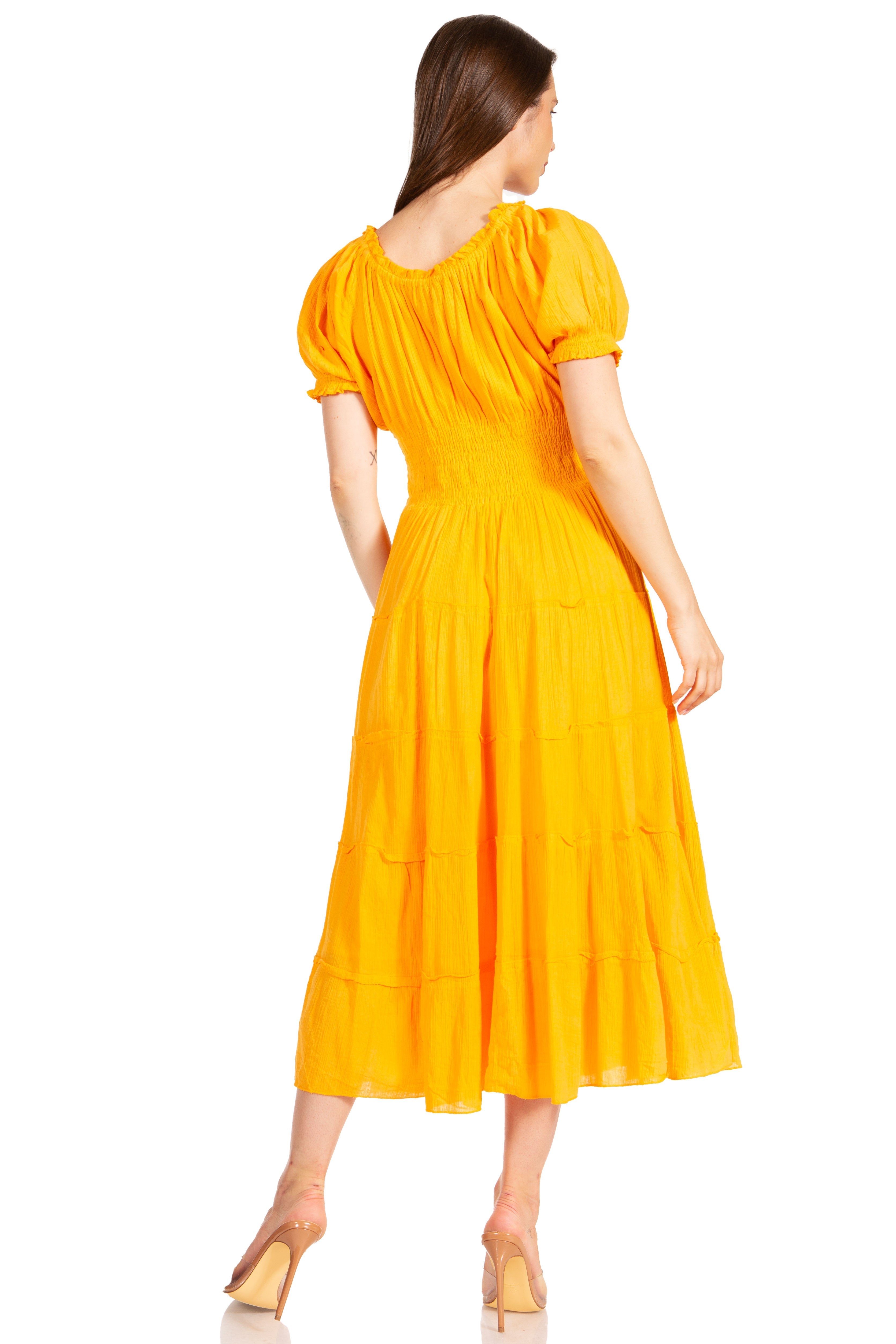 Sakkas - Cotton Crepe Smocked Peasant Gypsy Boho Renaissance Mid Length Dress