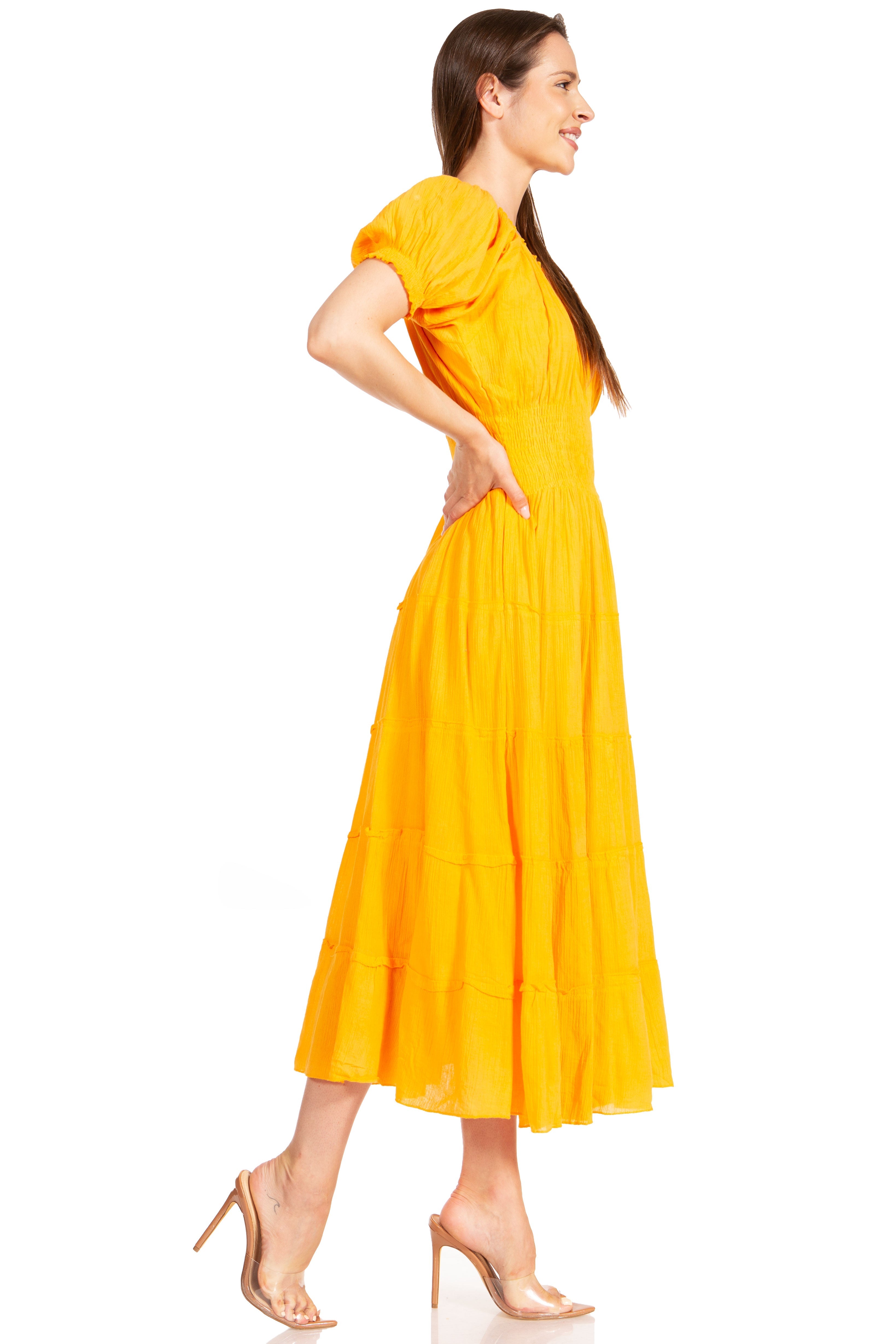 Sakkas - Cotton Crepe Smocked Peasant Gypsy Boho Renaissance Mid Length Dress