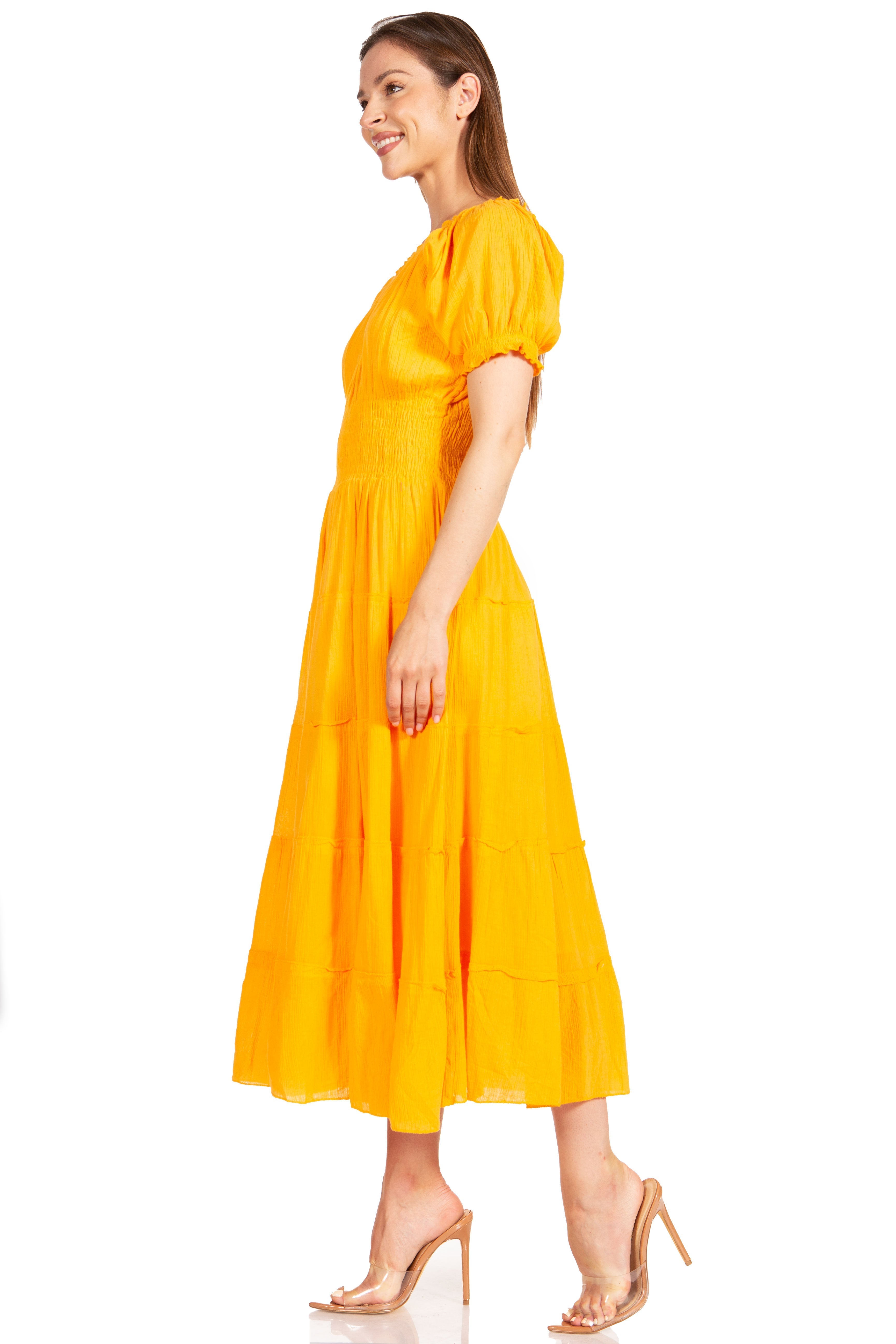 Sakkas - Cotton Crepe Smocked Peasant Gypsy Boho Renaissance Mid Length Dress