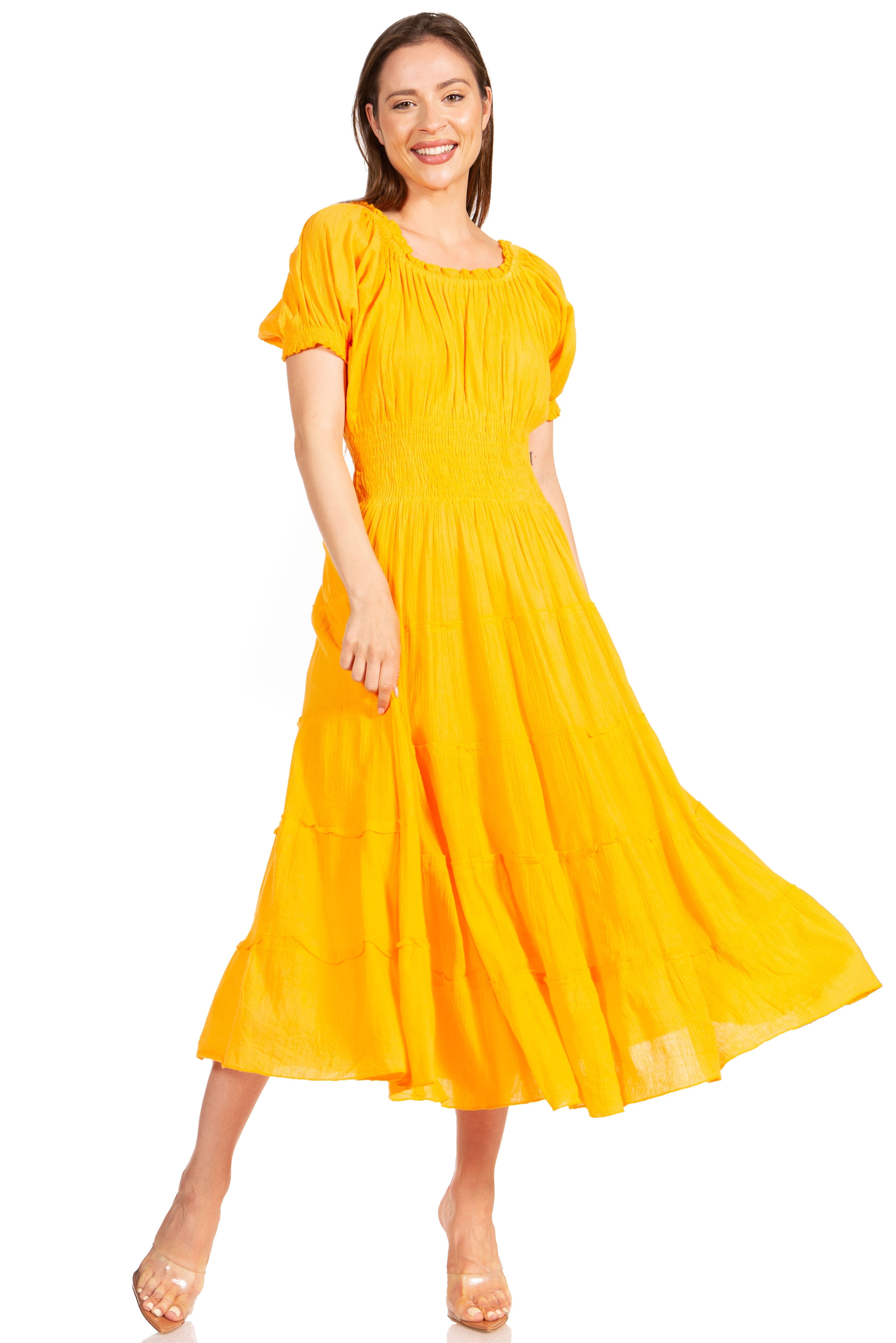 Sakkas - Cotton Crepe Smocked Peasant Gypsy Boho Renaissance Mid Length Dress