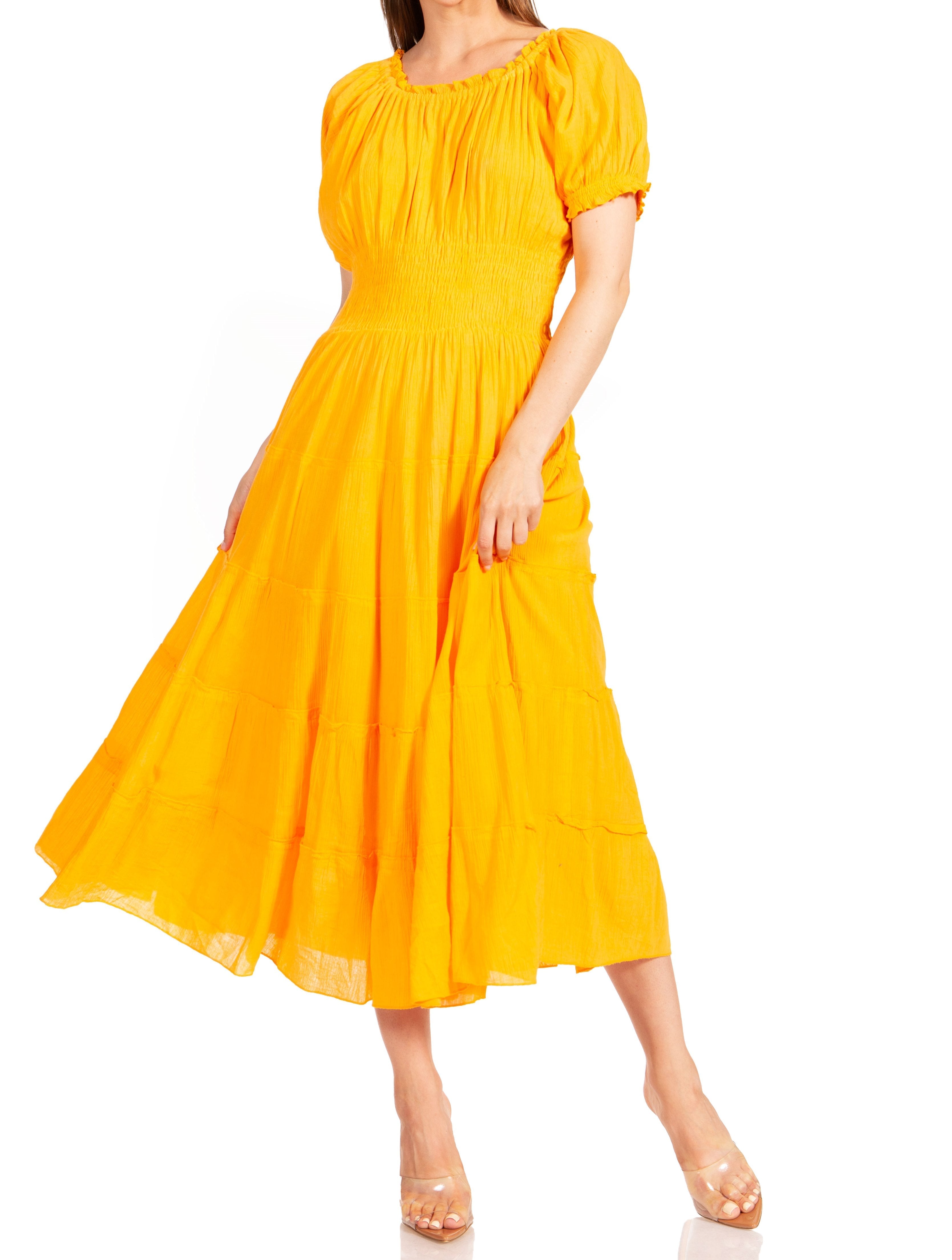 Sakkas - Cotton Crepe Smocked Peasant Gypsy Boho Renaissance Mid Length Dress
