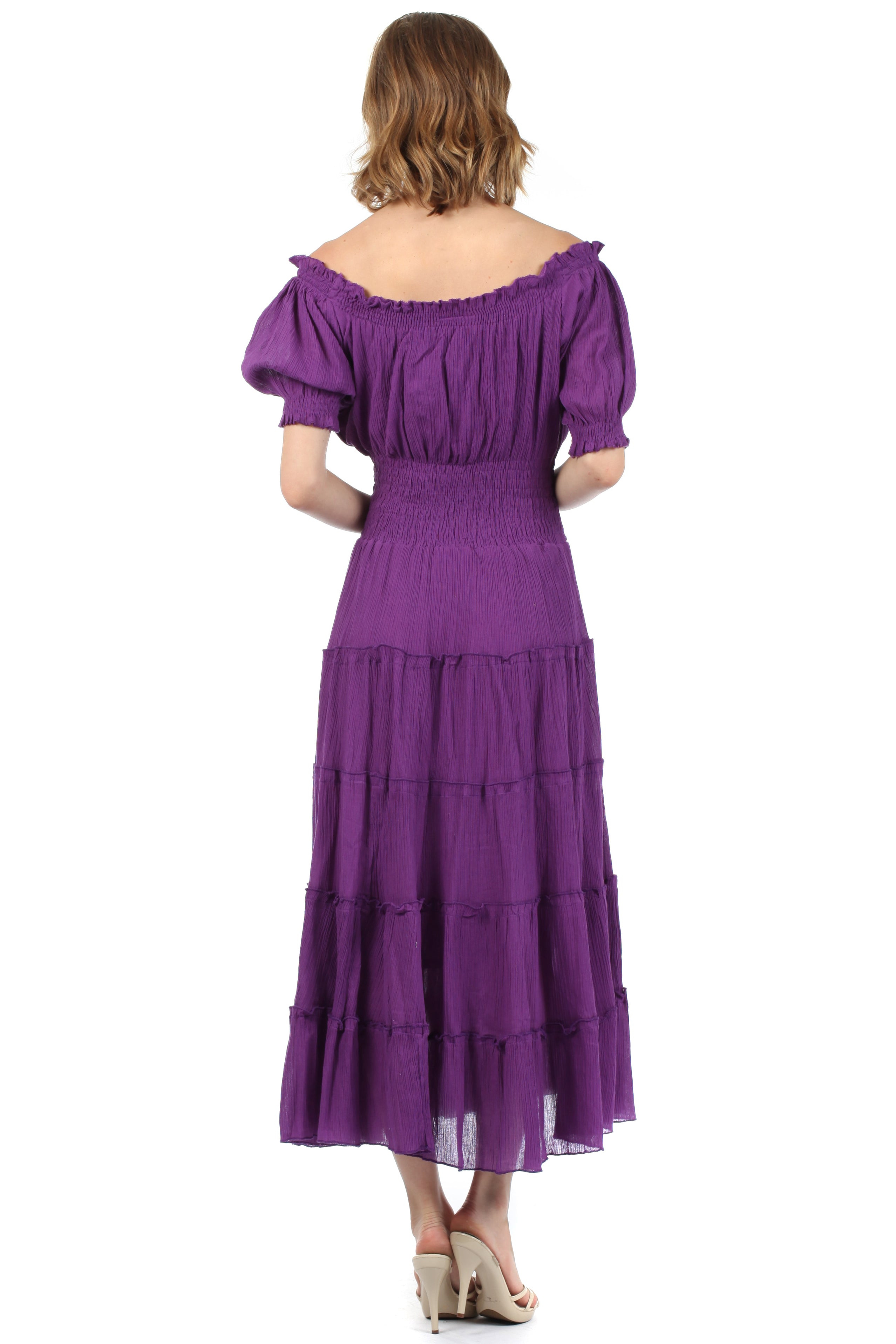 Sakkas - Cotton Crepe Smocked Peasant Gypsy Boho Renaissance Mid Length Dress