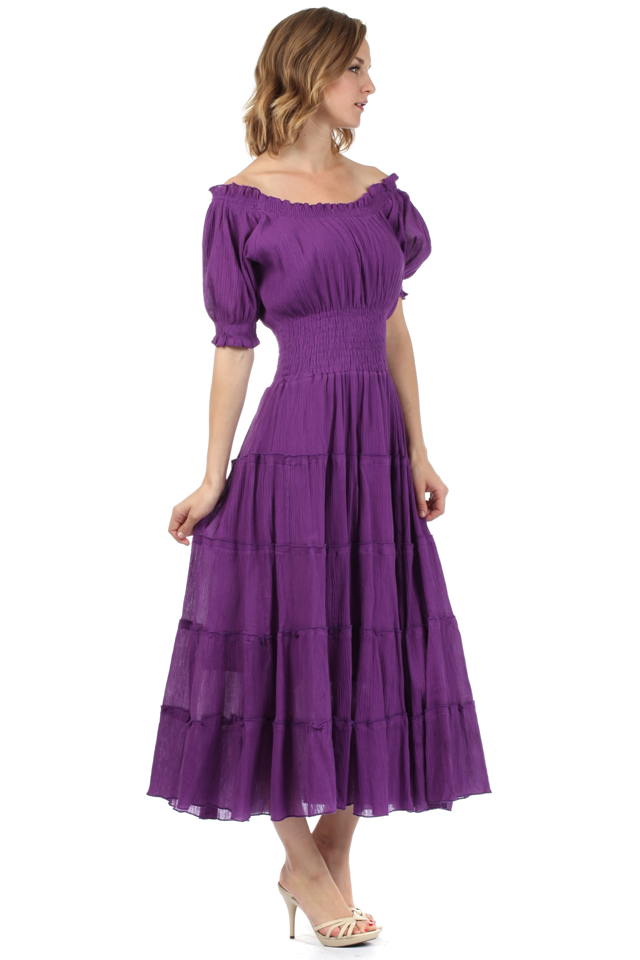 Sakkas - Cotton Crepe Smocked Peasant Gypsy Boho Renaissance Mid Length Dress
