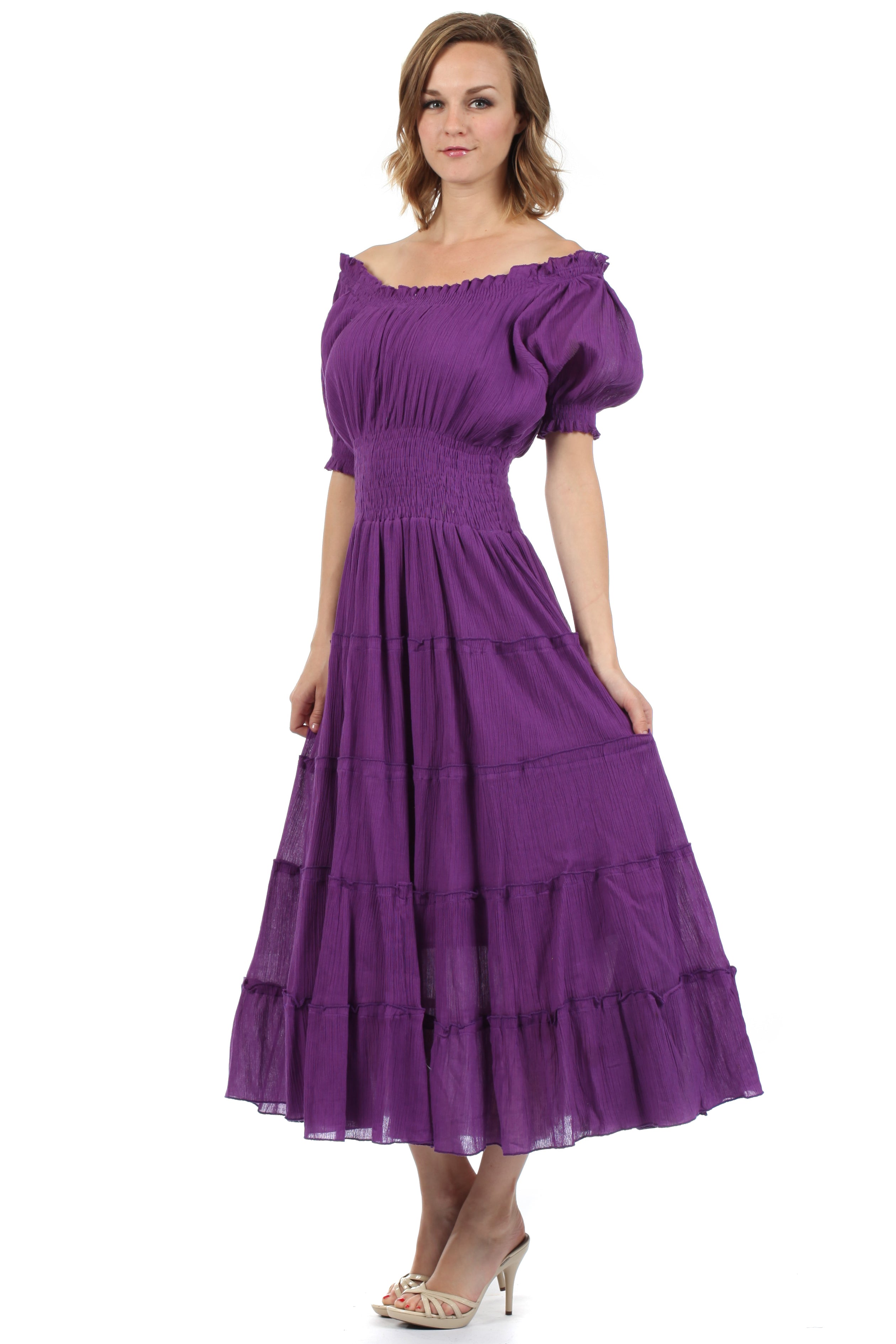 Sakkas - Cotton Crepe Smocked Peasant Gypsy Boho Renaissance Mid Length Dress