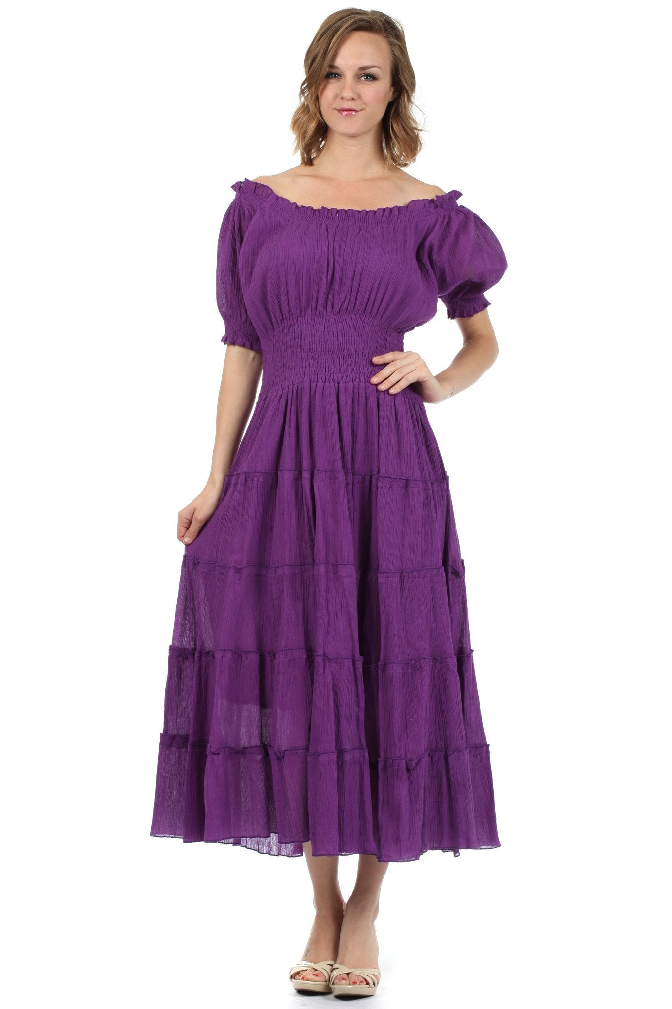 Sakkas - Cotton Crepe Smocked Peasant Gypsy Boho Renaissance Mid Length Dress