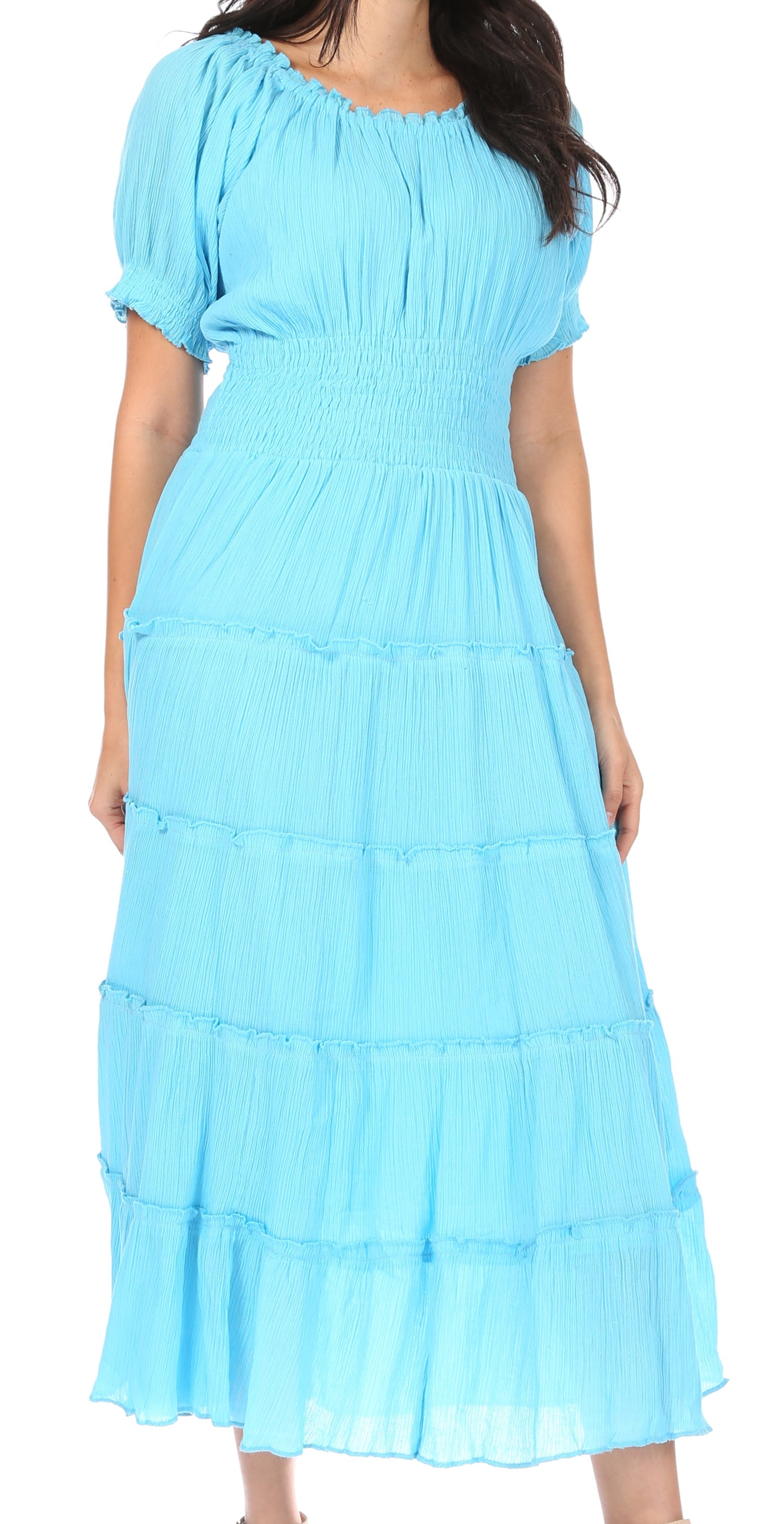 Sakkas - Cotton Crepe Smocked Peasant Gypsy Boho Renaissance Mid Length Dress