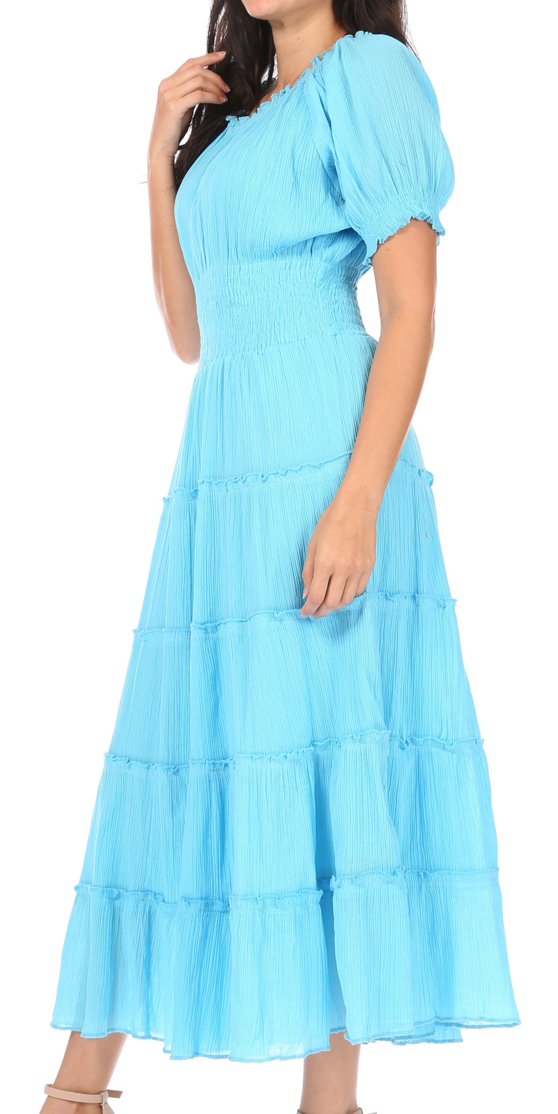 Sakkas - Cotton Crepe Smocked Peasant Gypsy Boho Renaissance Mid Length Dress