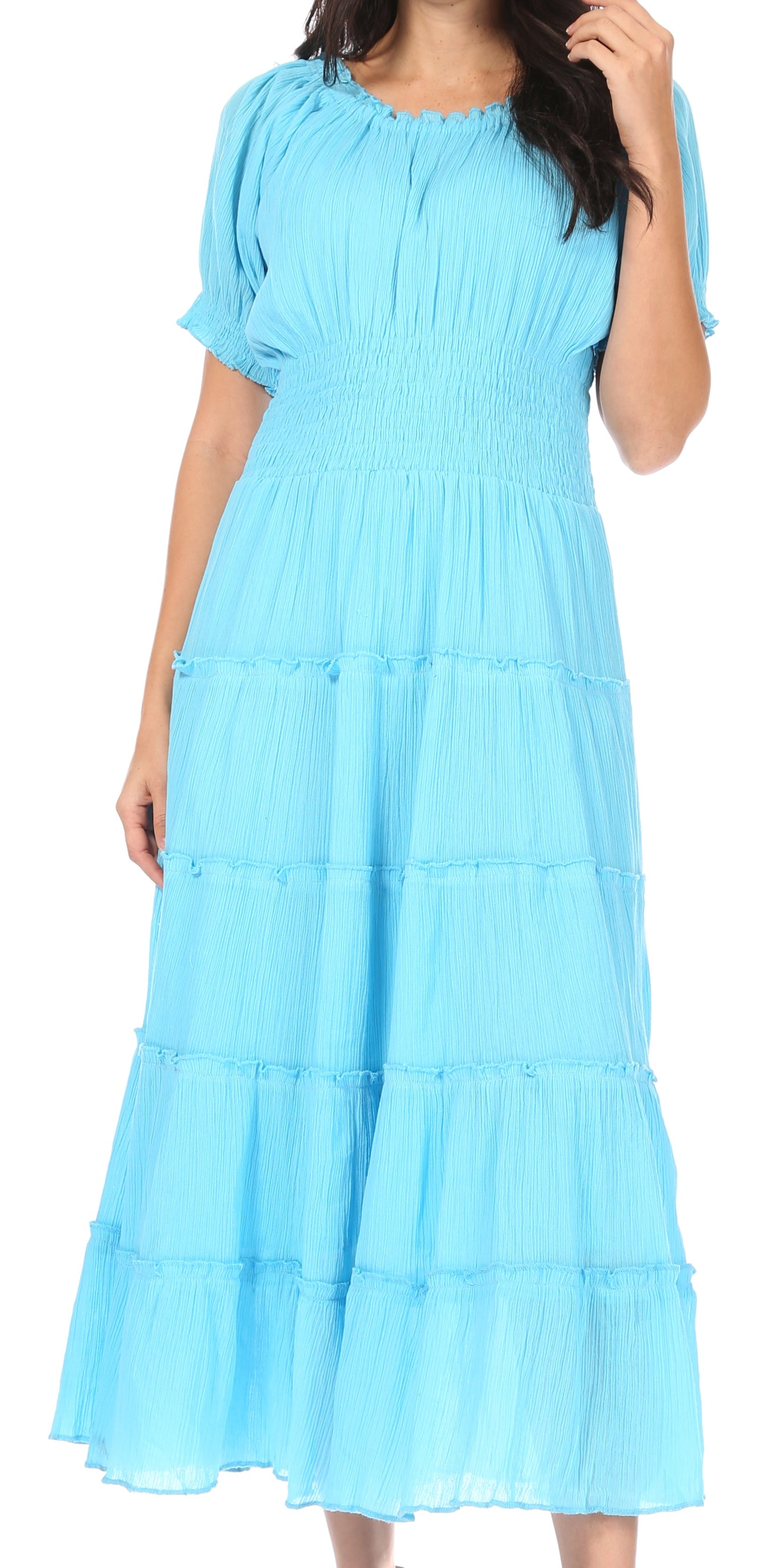 Sakkas - Cotton Crepe Smocked Peasant Gypsy Boho Renaissance Mid Length Dress