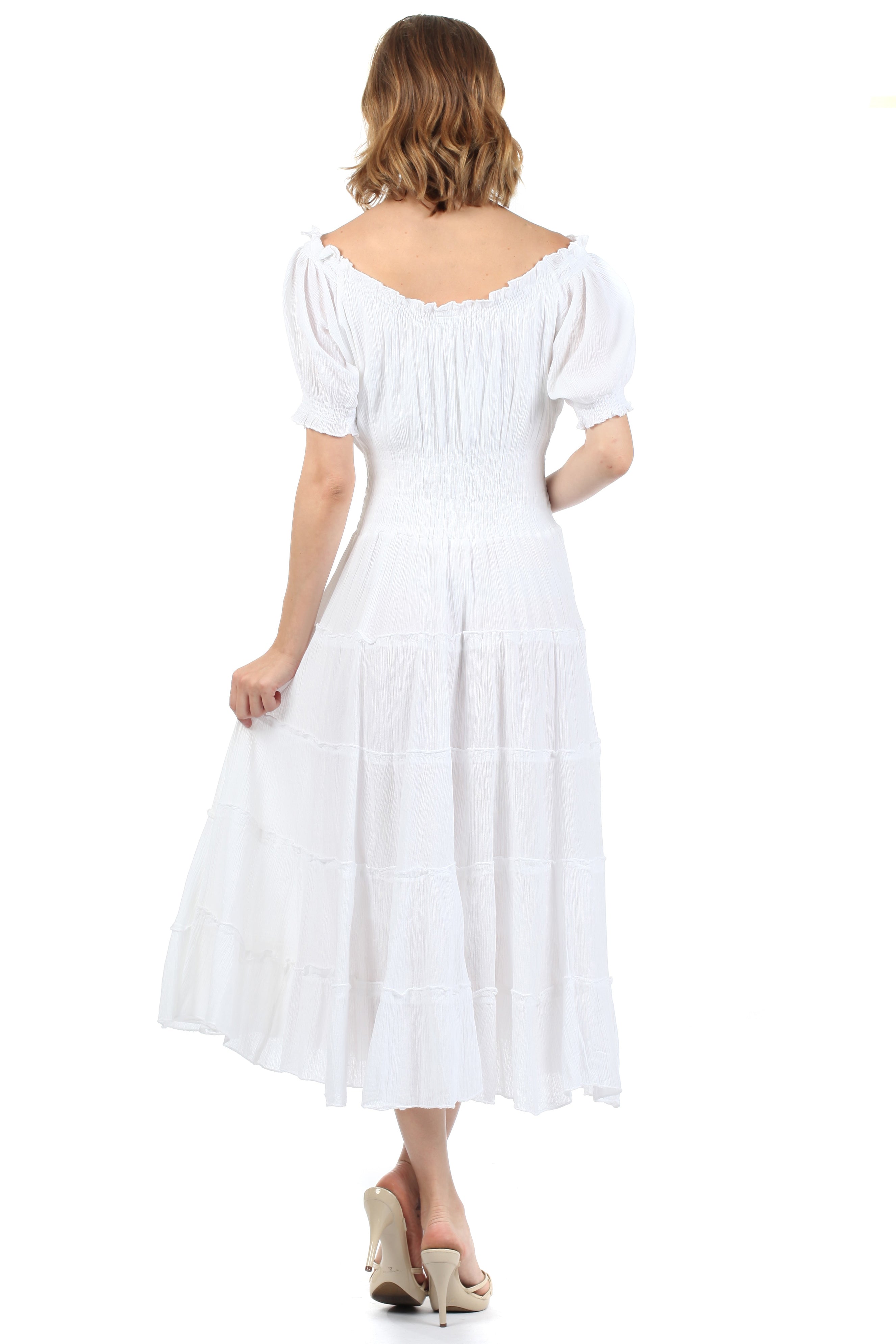Sakkas - Cotton Crepe Smocked Peasant Gypsy Boho Renaissance Mid Length Dress