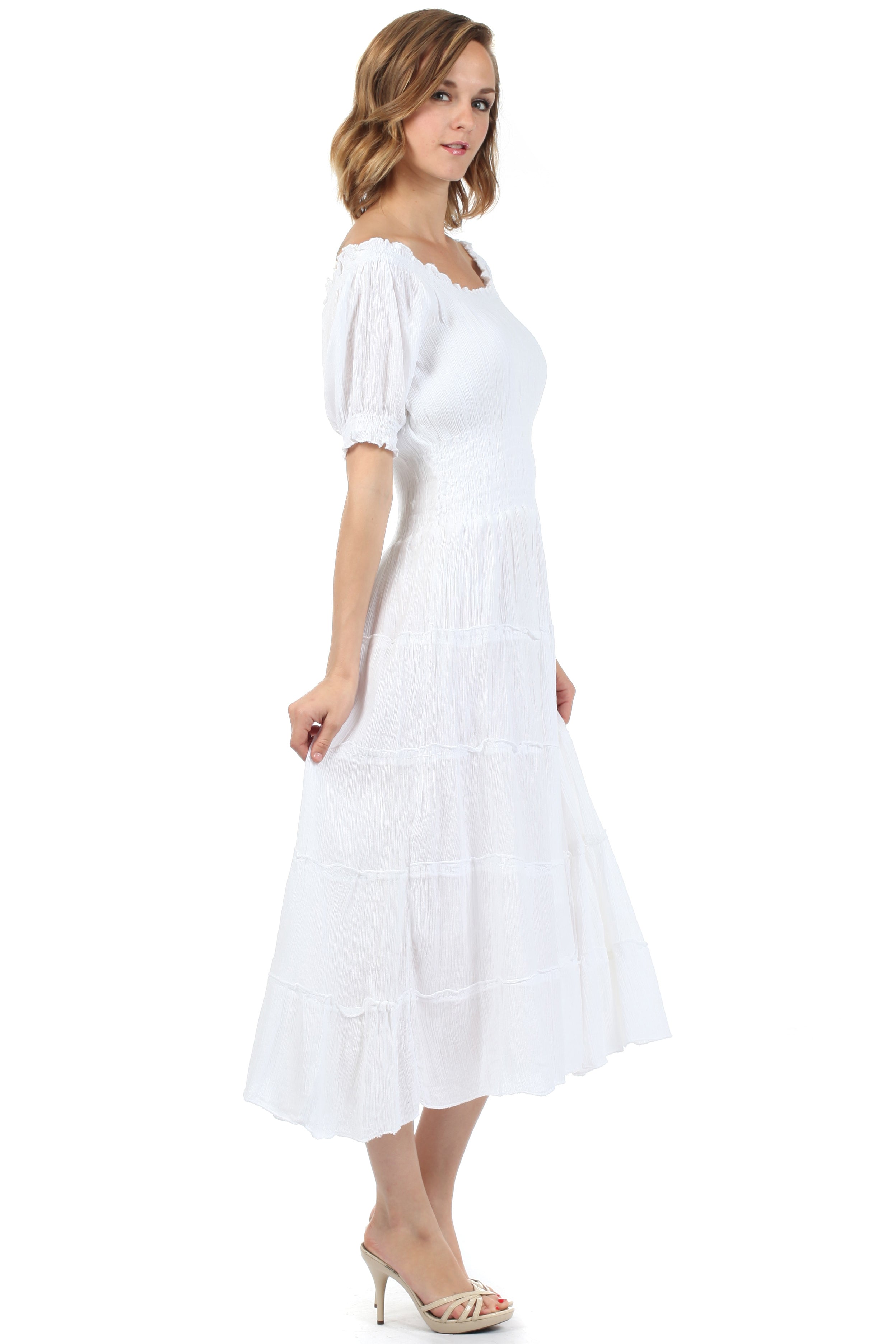 Sakkas - Cotton Crepe Smocked Peasant Gypsy Boho Renaissance Mid Length Dress