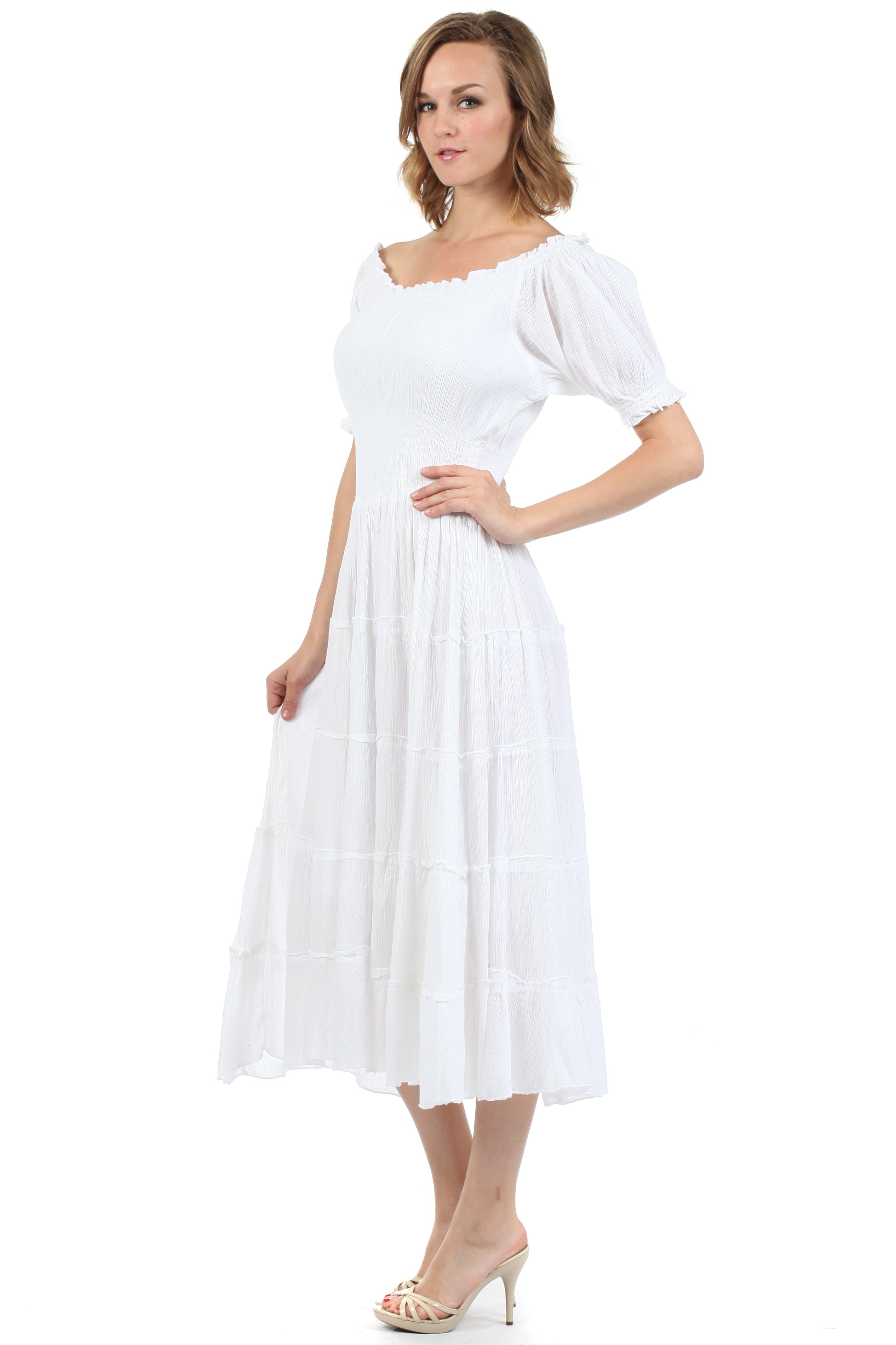 Sakkas - Cotton Crepe Smocked Peasant Gypsy Boho Renaissance Mid Length Dress
