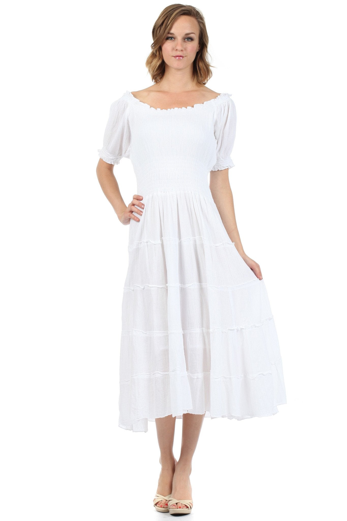Sakkas - Cotton Crepe Smocked Peasant Gypsy Boho Renaissance Mid Length Dress