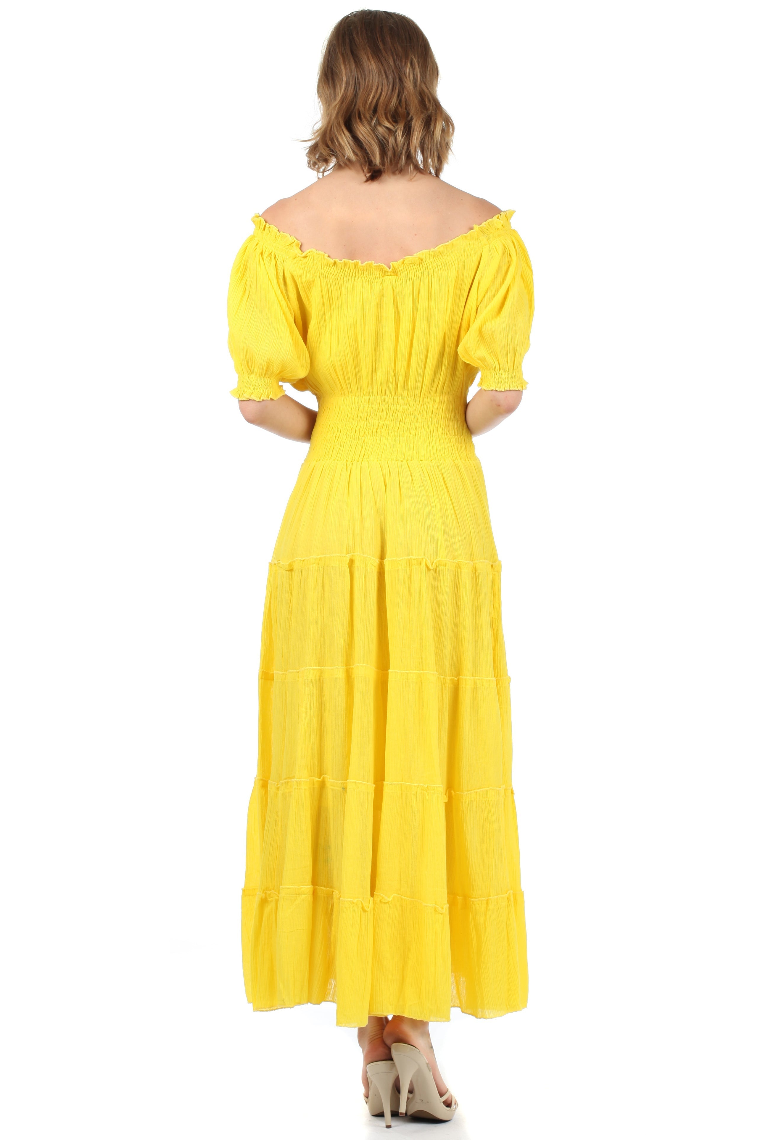 Sakkas - Cotton Crepe Smocked Peasant Gypsy Boho Renaissance Mid Length Dress