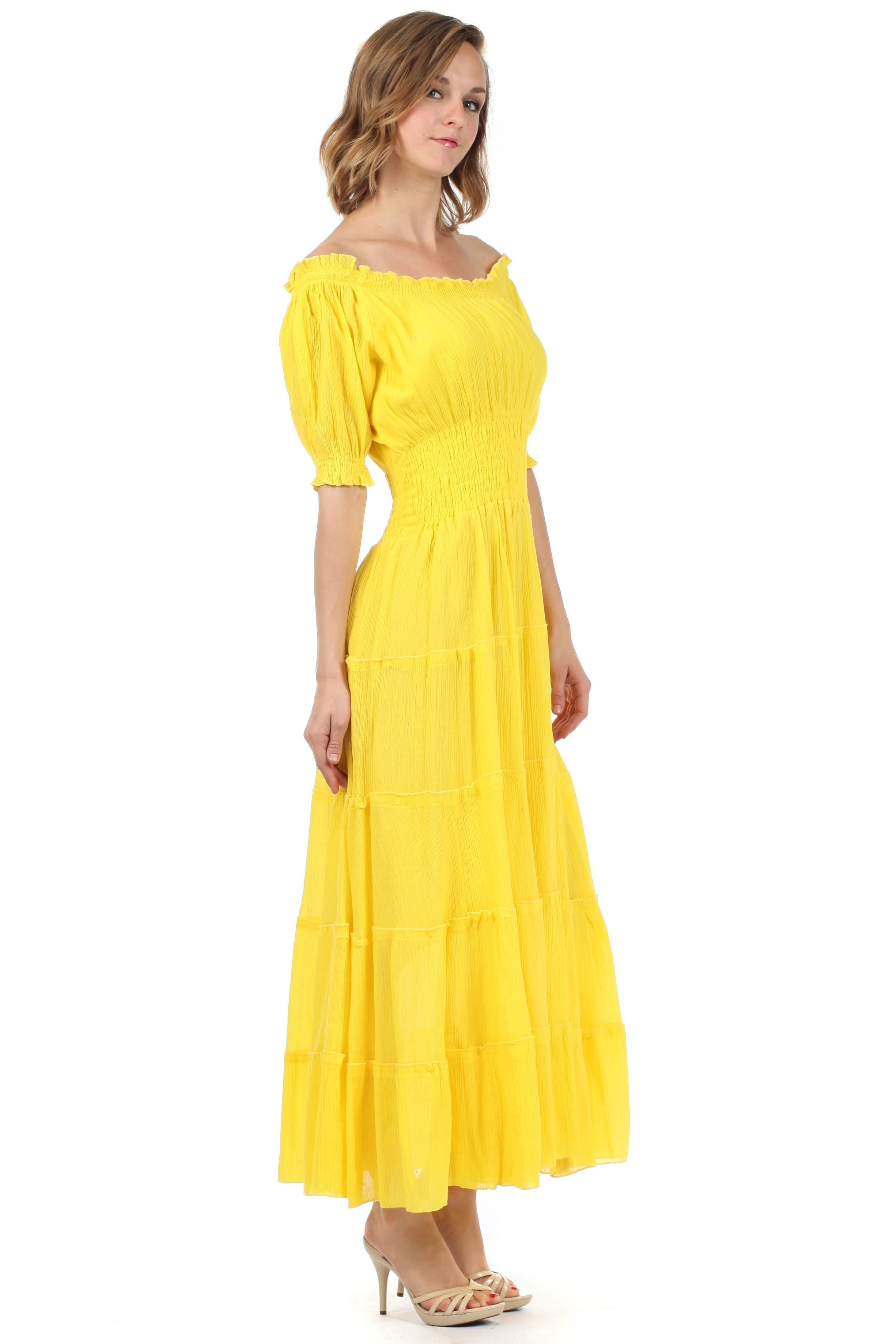 Sakkas - Cotton Crepe Smocked Peasant Gypsy Boho Renaissance Mid Length Dress