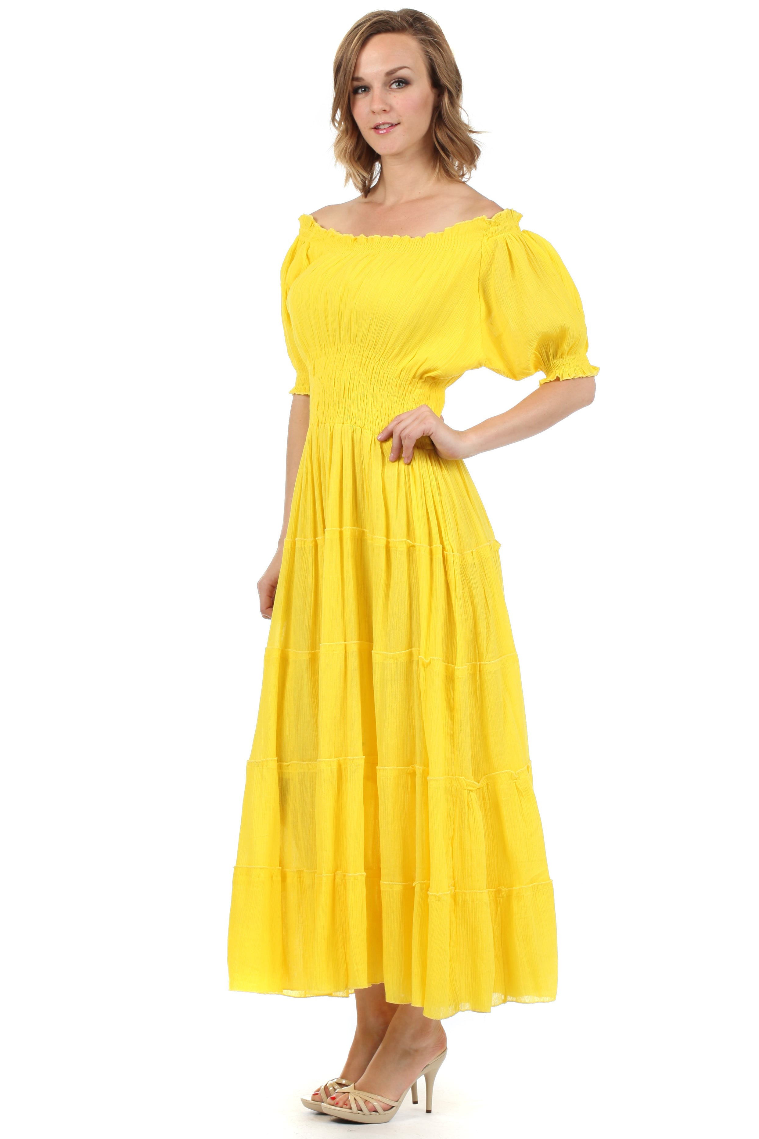 Sakkas - Cotton Crepe Smocked Peasant Gypsy Boho Renaissance Mid Length Dress