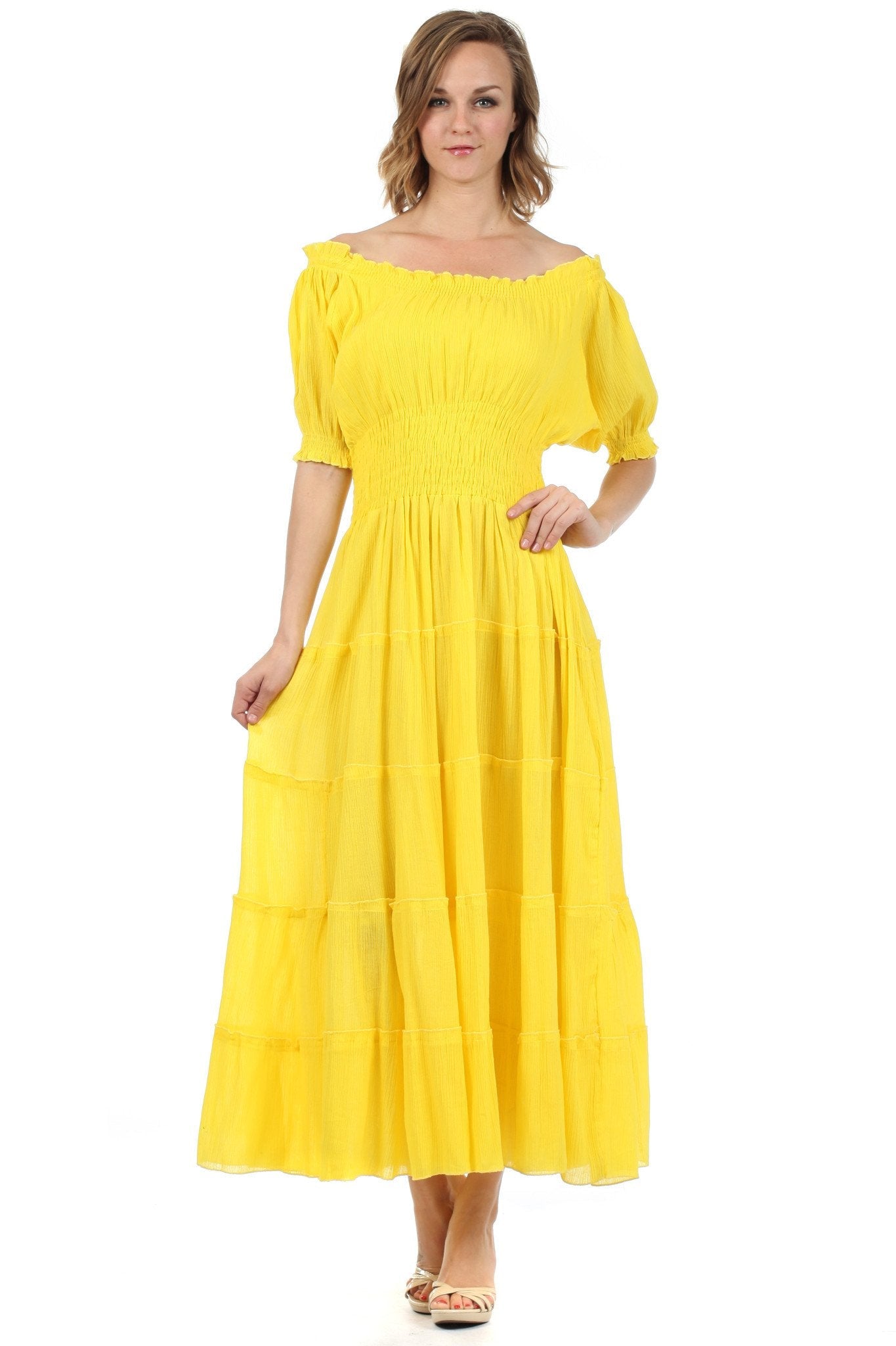 Sakkas - Cotton Crepe Smocked Peasant Gypsy Boho Renaissance Mid Length Dress