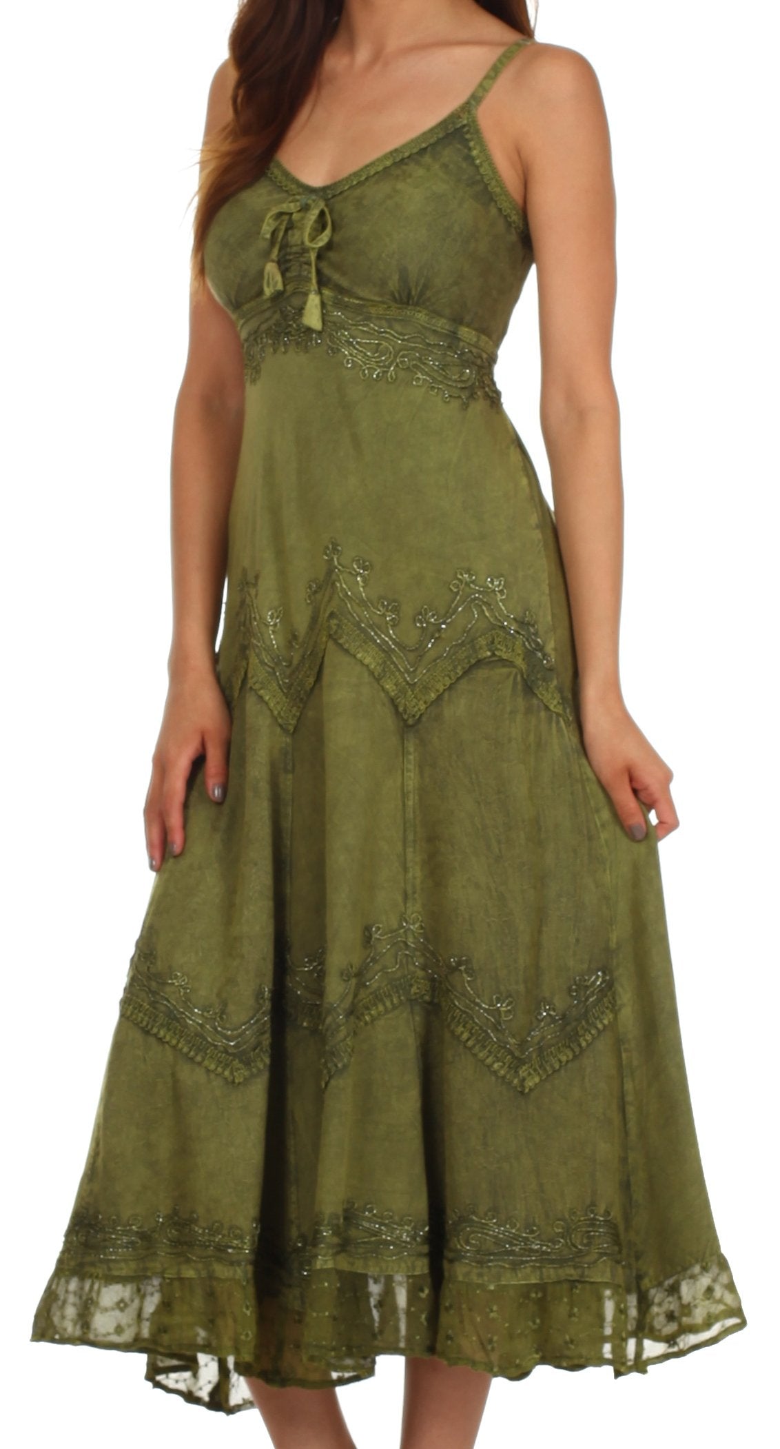 Sakkas - Stonewashed Rayon Embroidered Adjustable Spaghetti Straps Long Dress