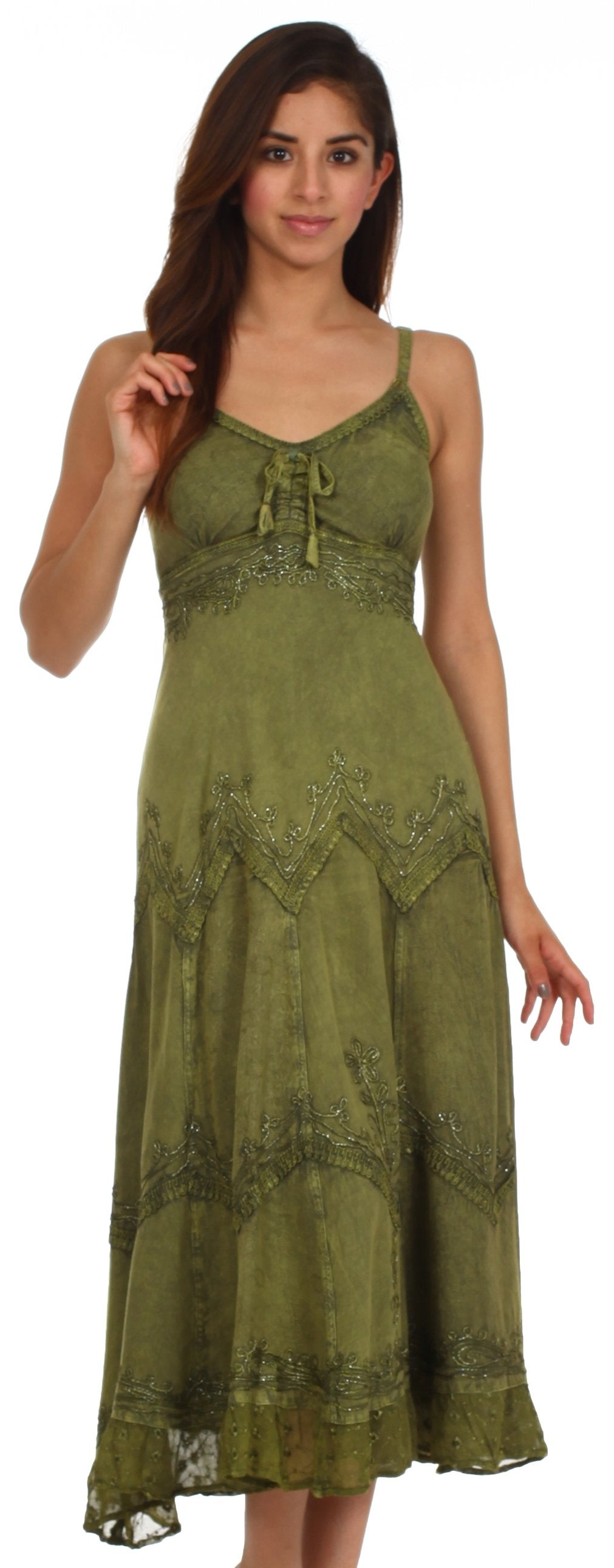 Sakkas - Stonewashed Rayon Embroidered Adjustable Spaghetti Straps Long Dress