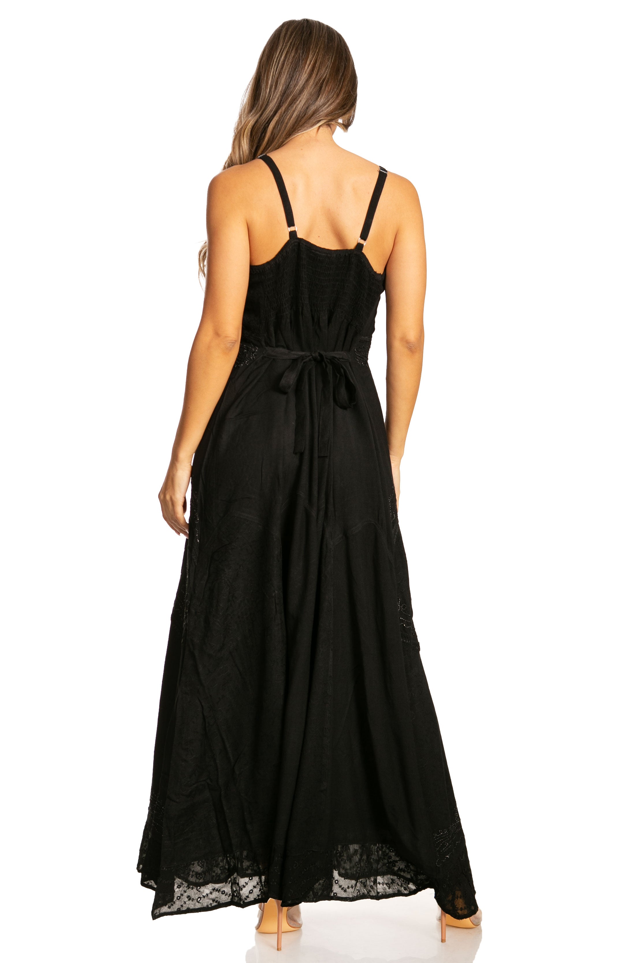 Sakkas - Stonewashed Rayon Embroidered Adjustable Spaghetti Straps Long Dress