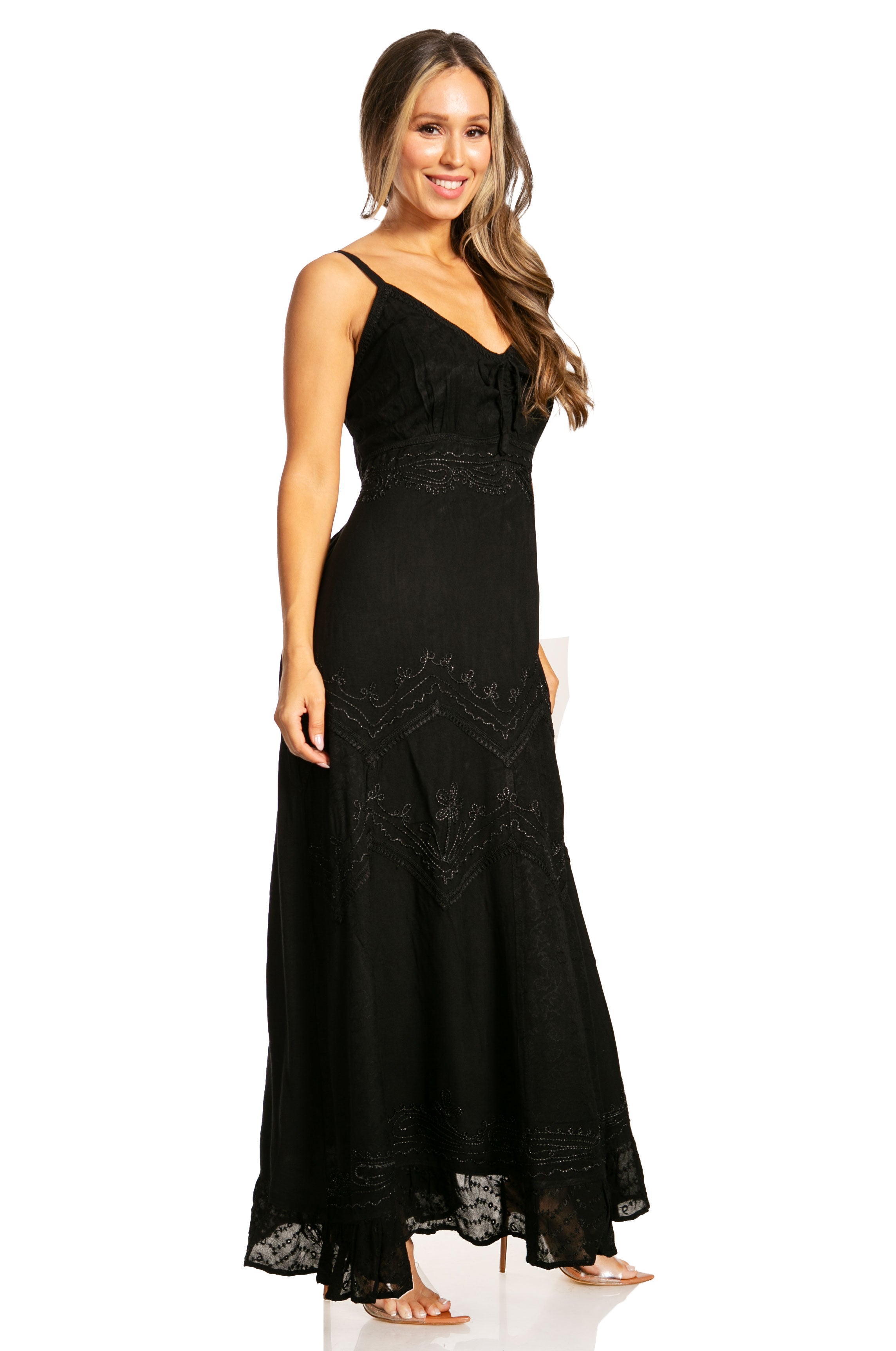 Sakkas - Stonewashed Rayon Embroidered Adjustable Spaghetti Straps Long Dress