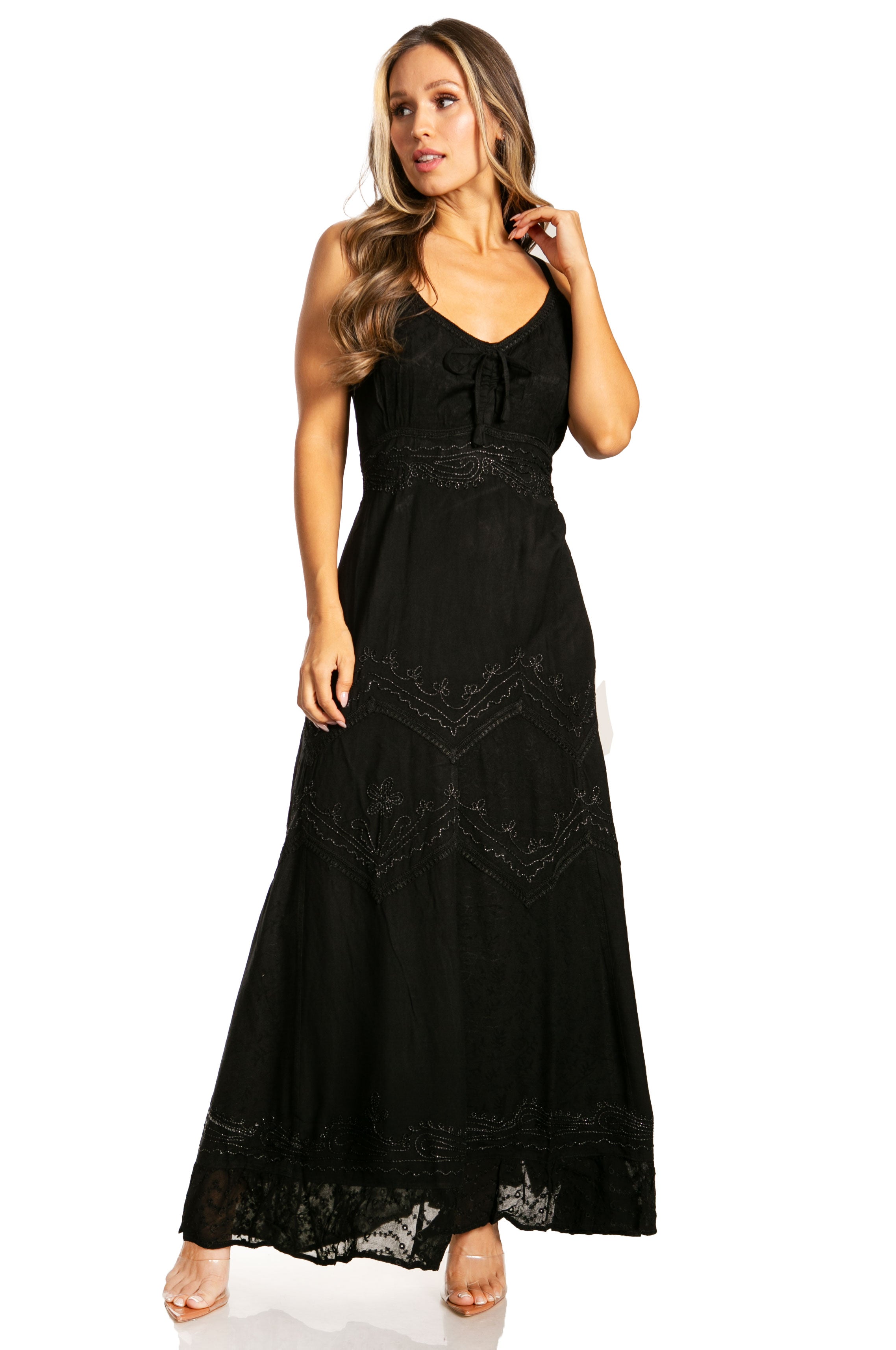 Sakkas - Stonewashed Rayon Embroidered Adjustable Spaghetti Straps Long Dress