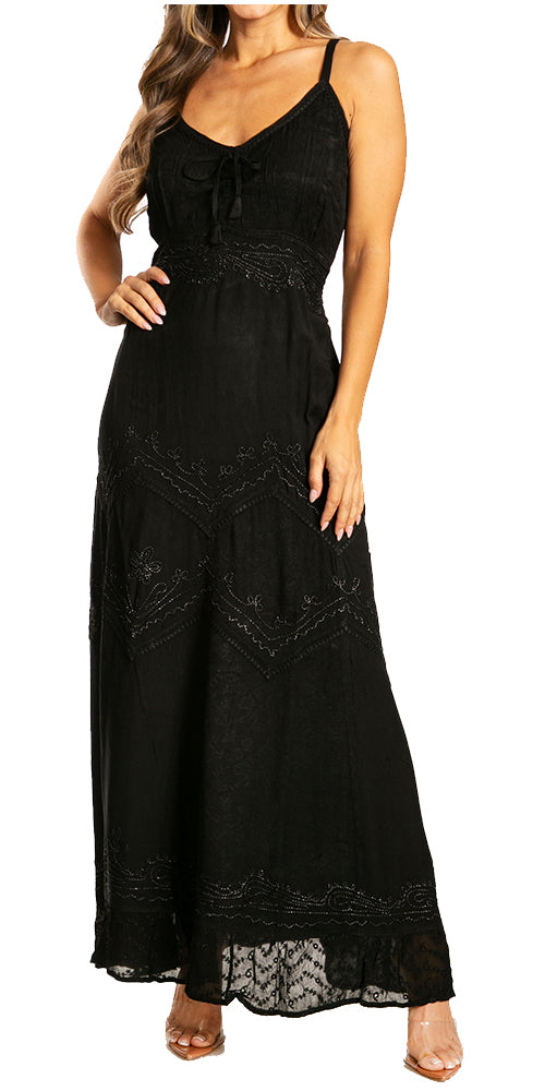 Sakkas - Stonewashed Rayon Embroidered Adjustable Spaghetti Straps Long Dress